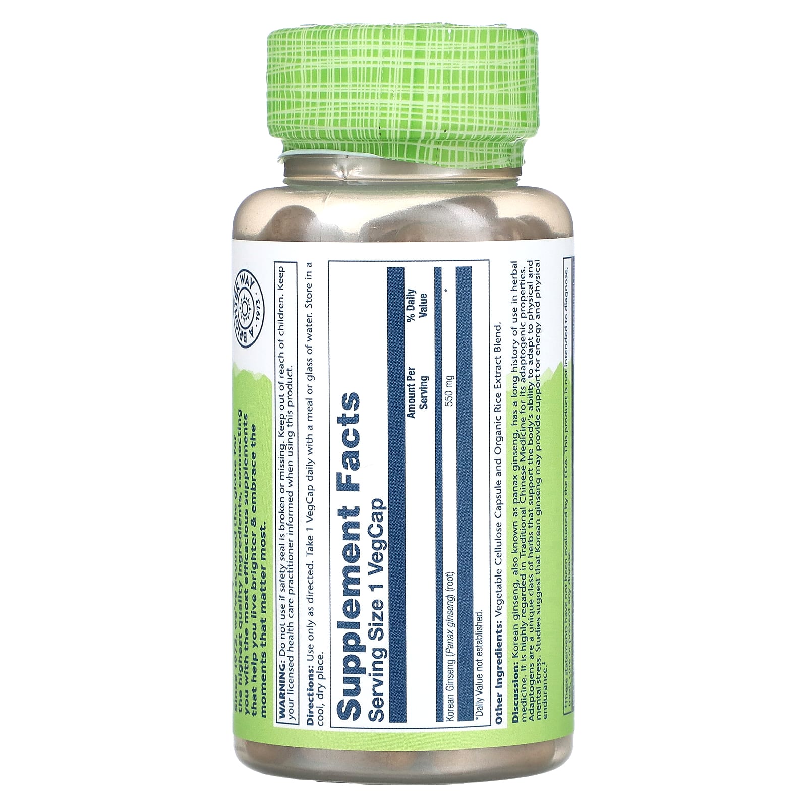 Solaray, корейский женьшень, 550 мг, 100 вегетарианских капсул