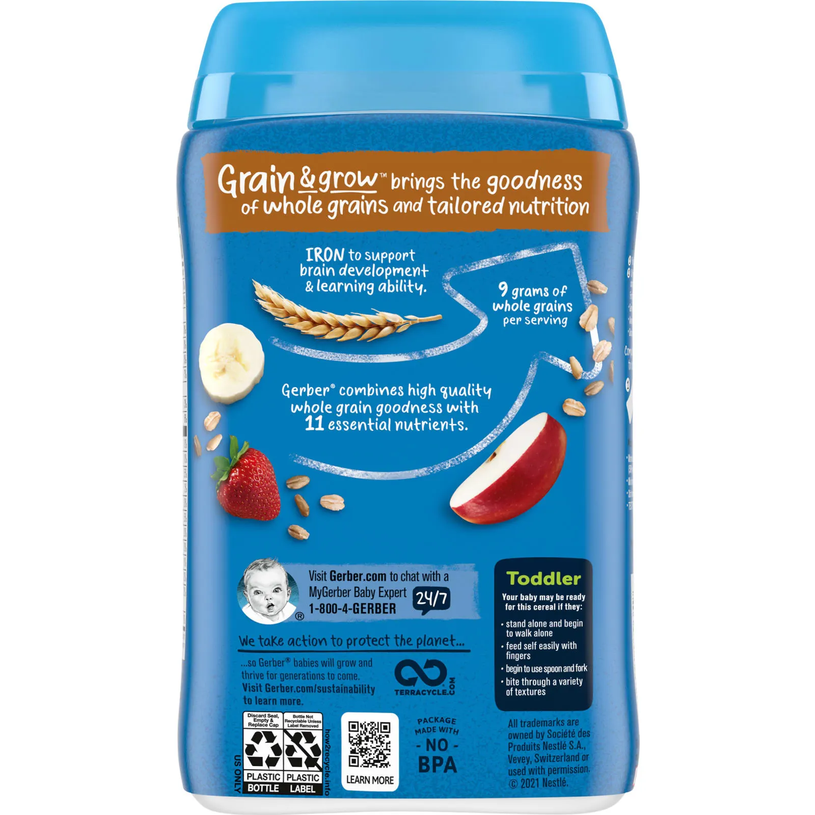 Gerber, Cereal for Toddler, Grain & Grow, Hearty Bits MultiGrain, от 12 месяцев, банан, яблоко и клубника, 227 г (8 унций)
