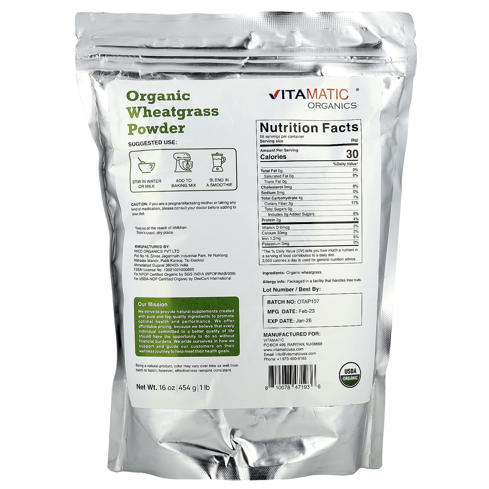 Vitamatic, Органический порошок ростков пшеницы, 454 г (16 унций)