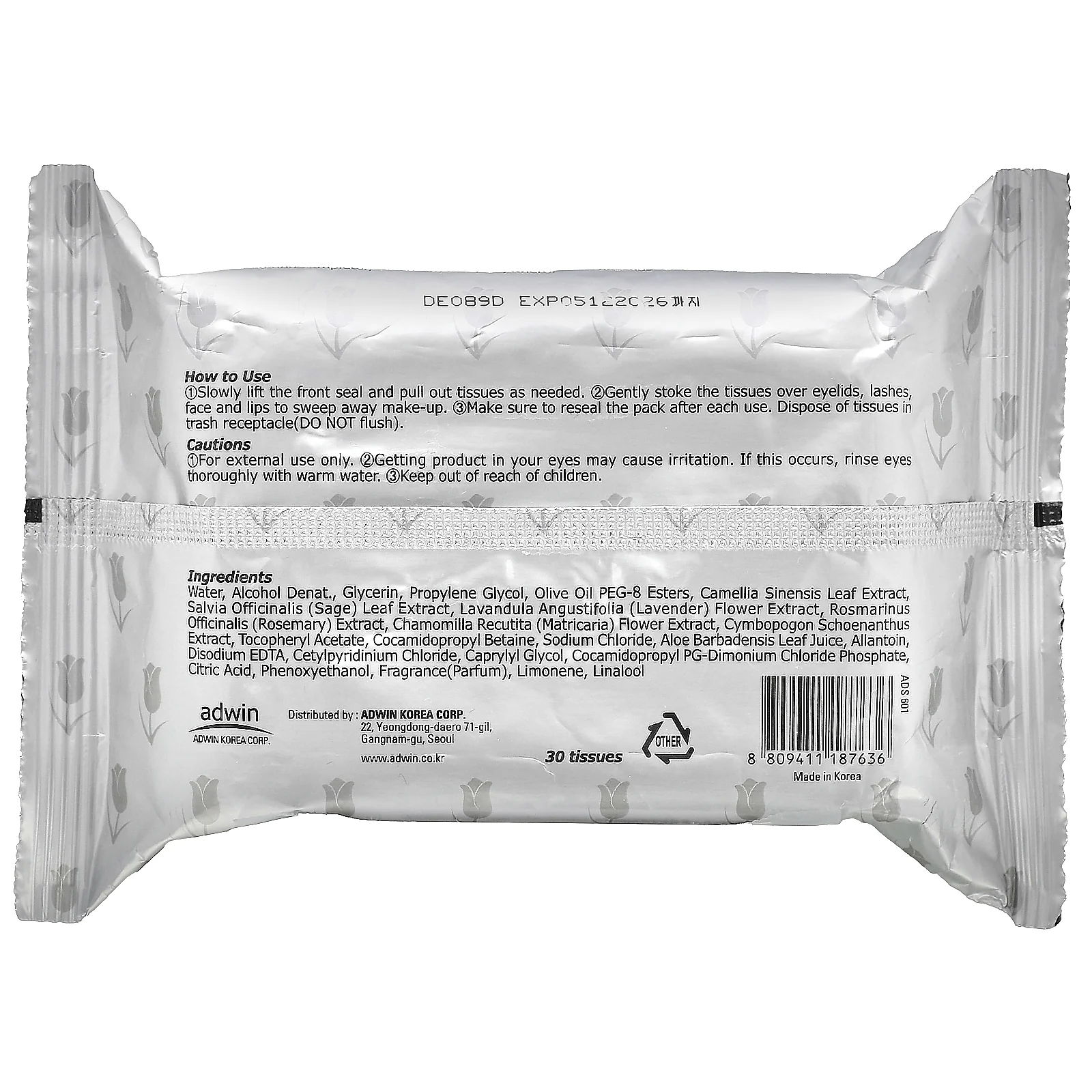 Purederm, Очищающие ткани с алоэ для макияжа, 30 видов тканей