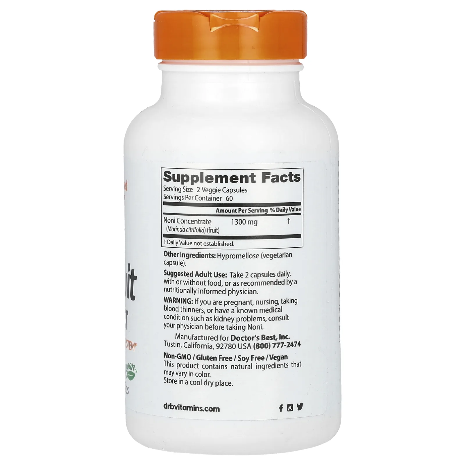 Doctor's Best, порошок из плодов нони, 1300 мг, 120 растительных капсул (650 мг в 1 капсуле)