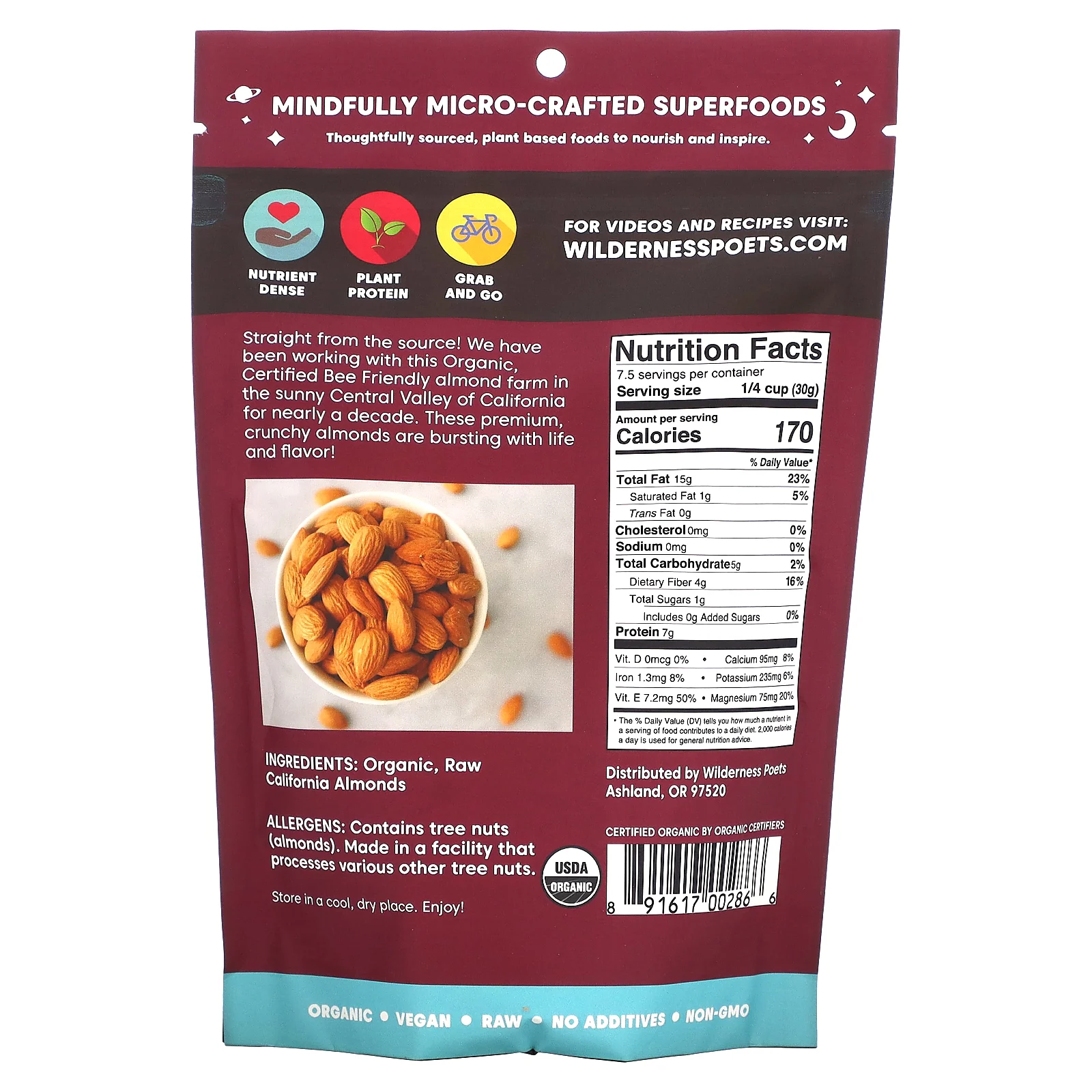 Wilderness Poets, Органический калифорнийский миндаль, 226 г (8 унций)
