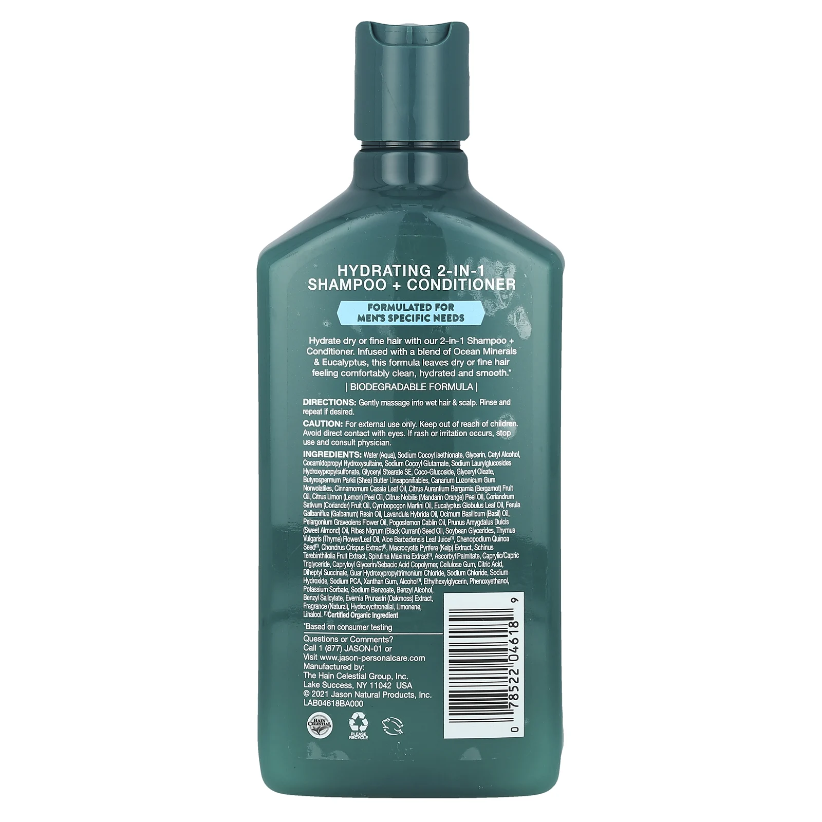 Jason Natural, Для мужчин, шампунь и кондиционер 2 в 1, для сухих и тонких волос, минералы океана и эвкалипт, 355 мл (12 жидк. Унций)