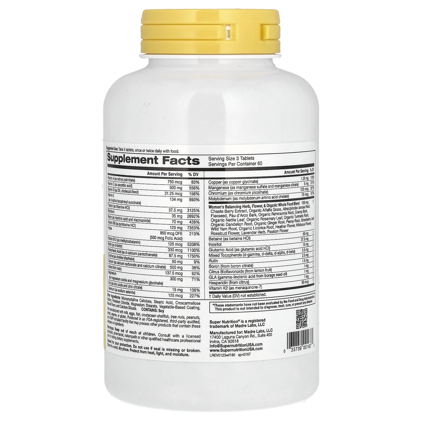 Super Nutrition, смесь для женщин, для ежедневного приема, мультивитамины и растительные компоненты для восстановления баланса, без железа, 180 таблеток