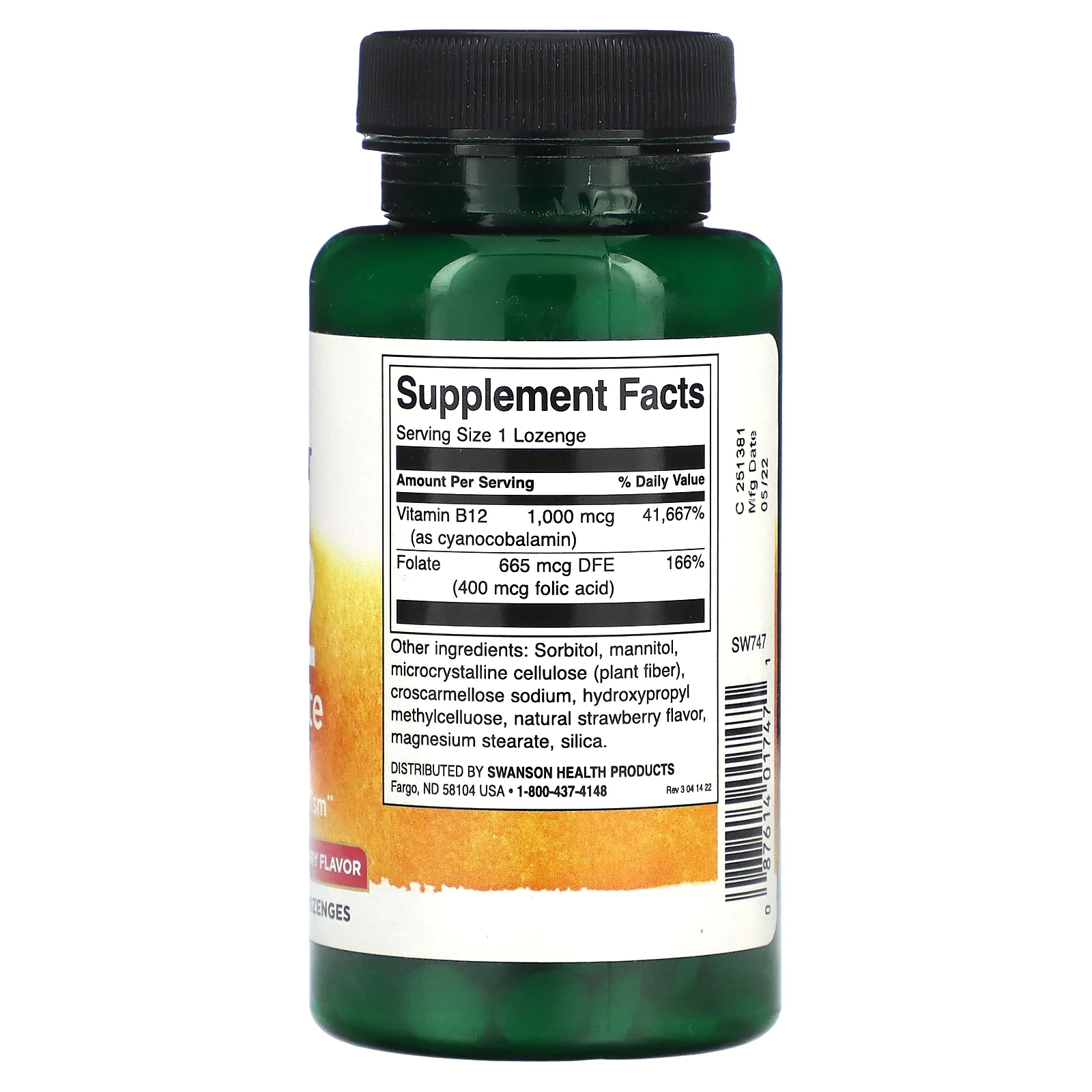 Swanson, витамин B12 с фолатом, клубника, 1000 мкг, 250 пастилок (1000 мкг в 1 пастилке)