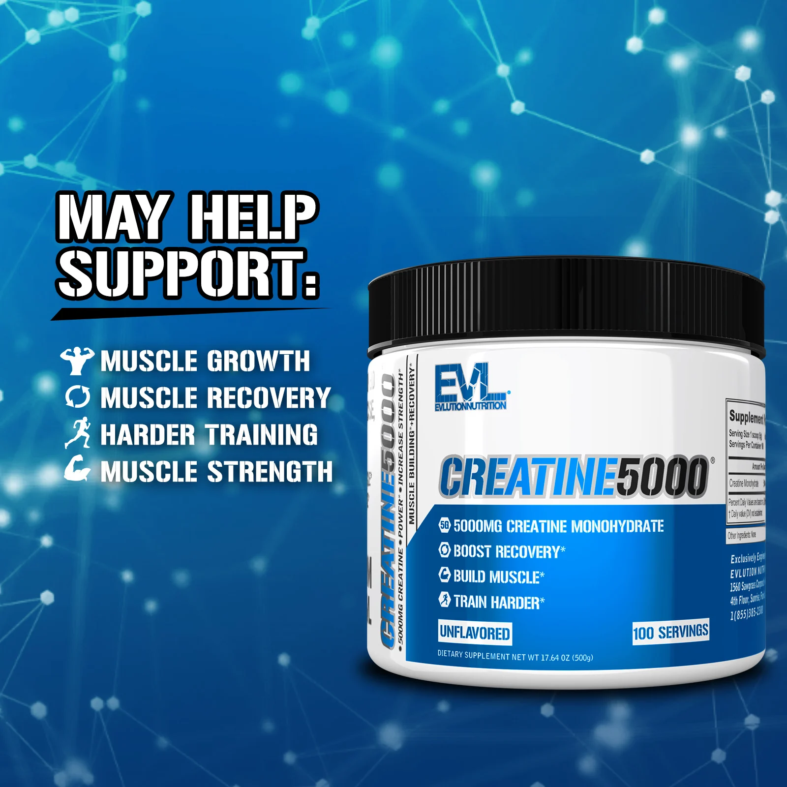 EVLution Nutrition, Creatine5000®, без добавок, 500 г (17,64 унции)