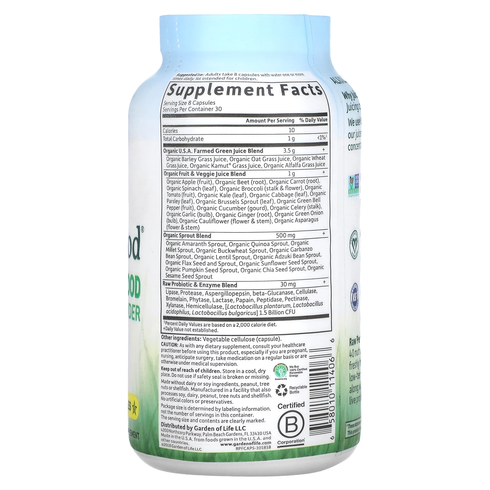 Garden of Life, RAW Perfect Food, Green Superfood, порошок сочной зелени, 240 веганских капсул