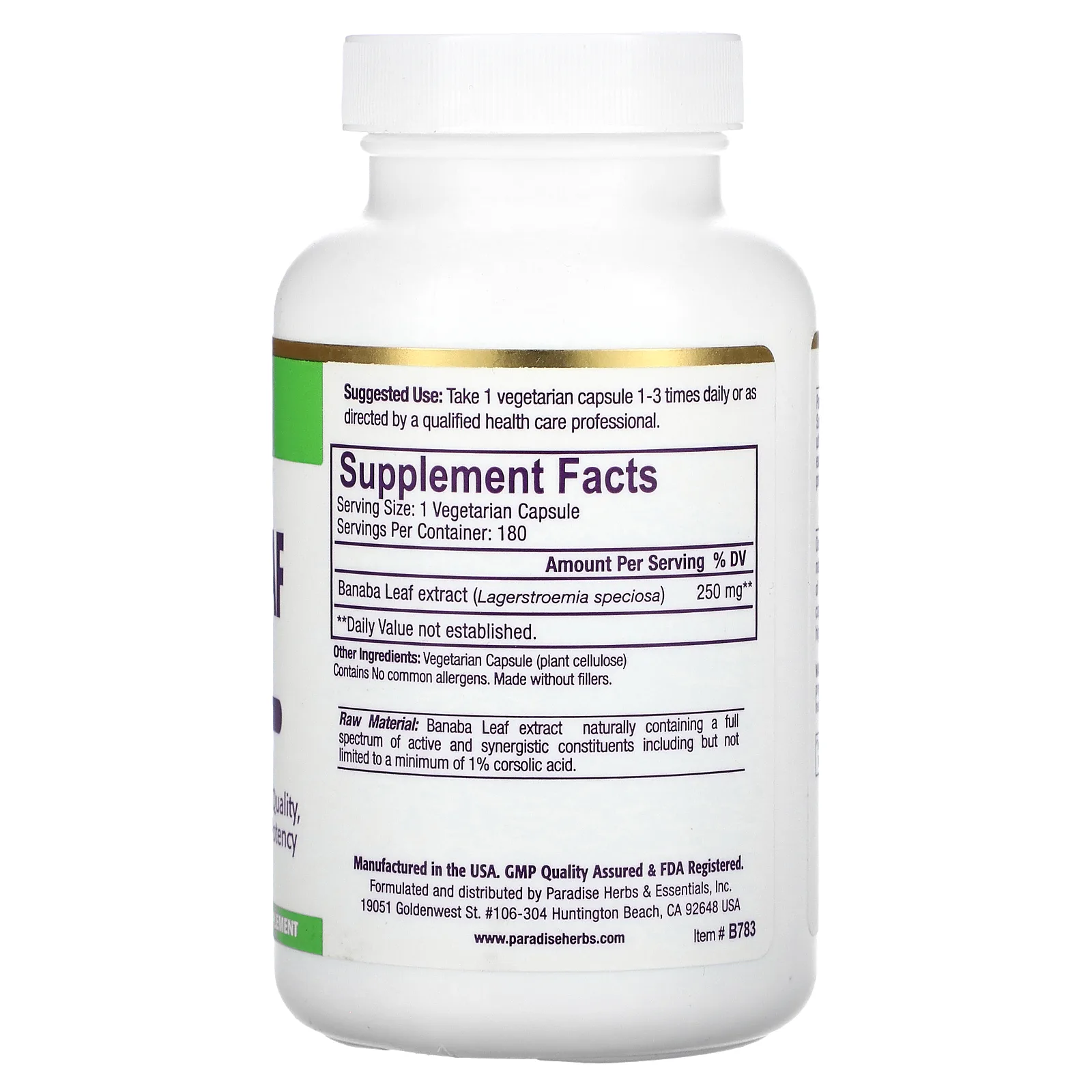 Paradise Herbs, экстракт листьев банабы, 180 вегетарианских капсул
