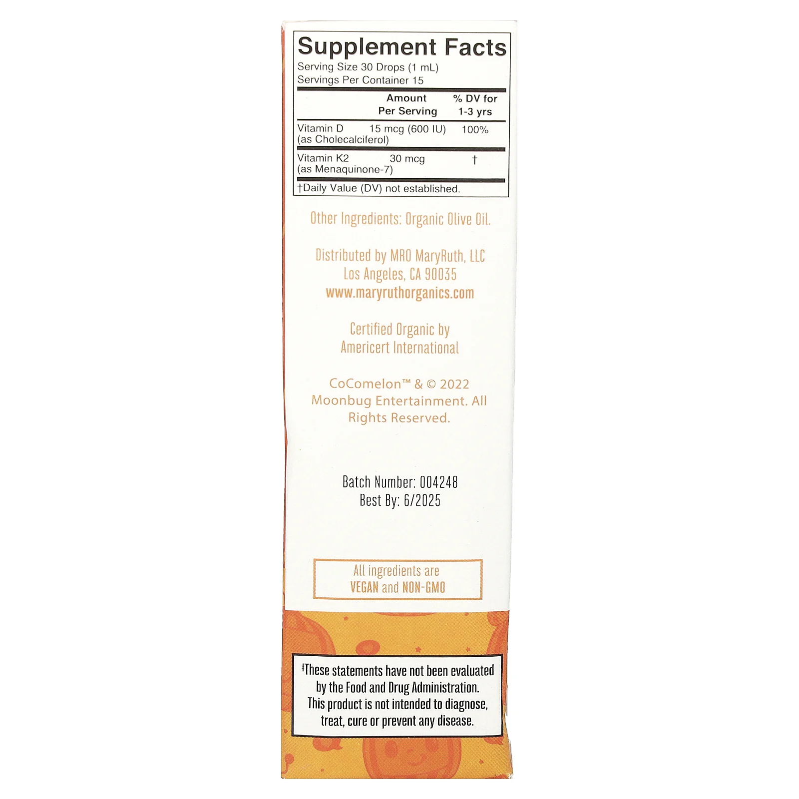 MaryRuth's, Cocomelon, витамины D3 и K2 в жидкой форме, для детей 1–3 лет, без ароматизаторов, 15 мл (0,5 жидк. унции)