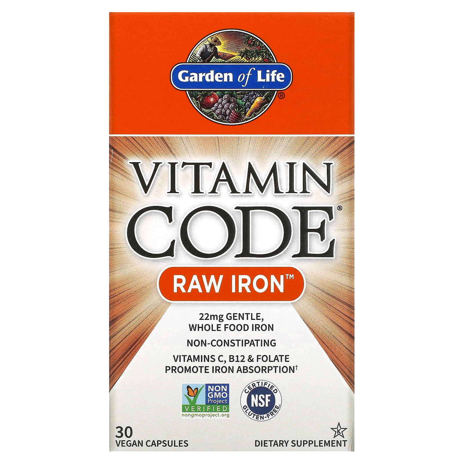 Garden of Life, Vitamin Code, RAW Iron, 30 веганских капсул