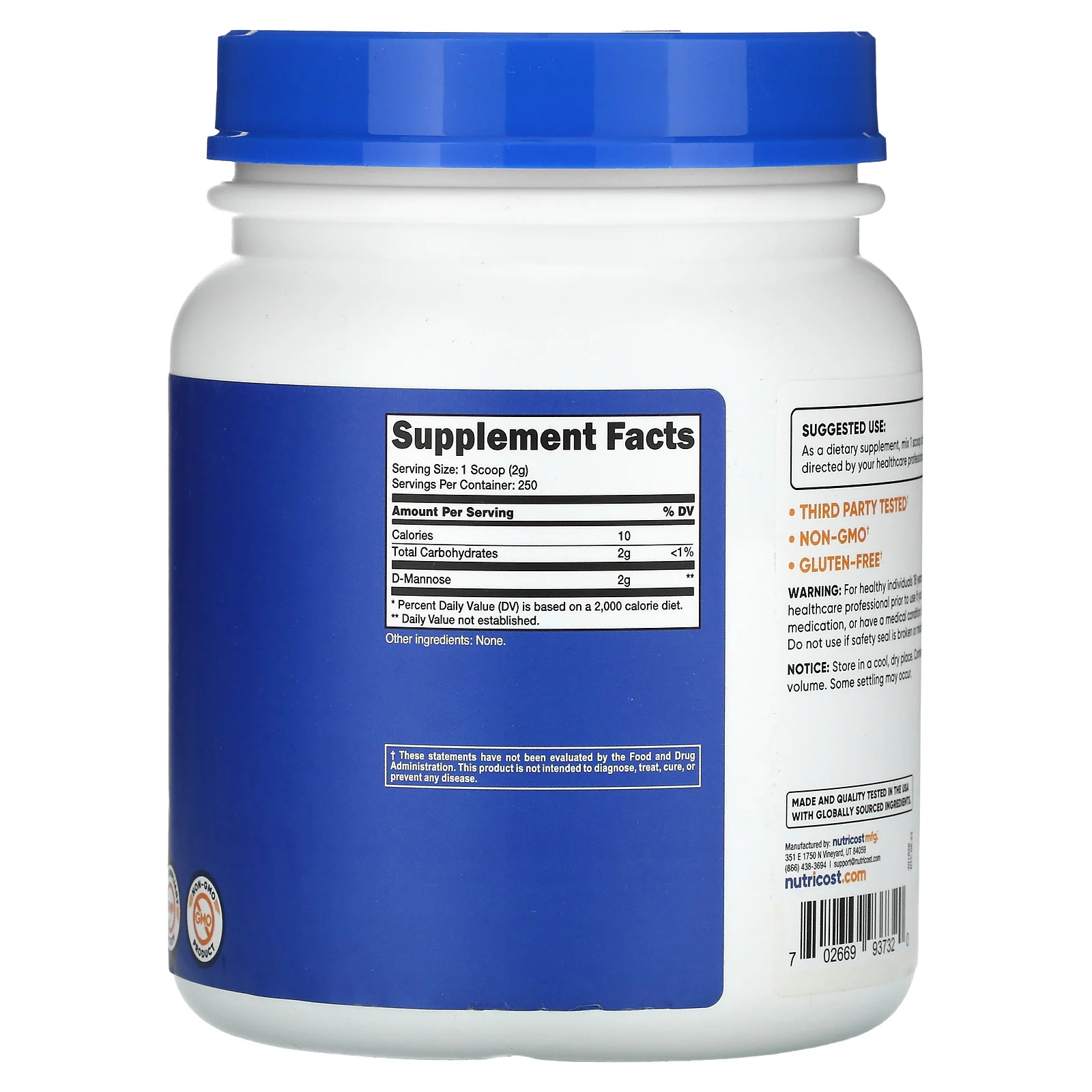 Nutricost, D-манноза, без добавок, 500 г (17,9 унции)