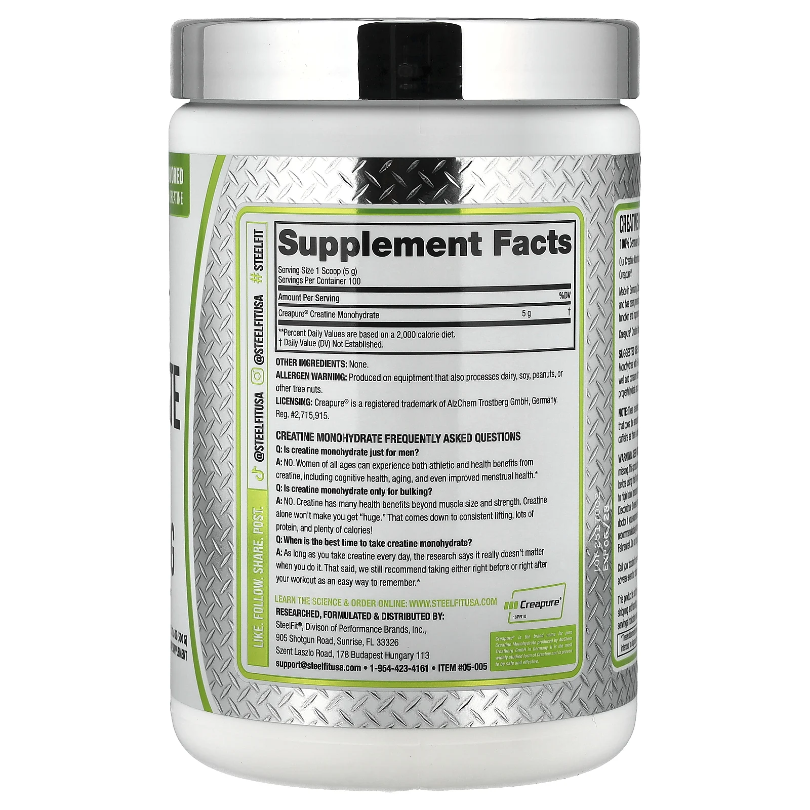 SteelFit, моногидрат креатина, без добавок, 500 г (17,6 унции)