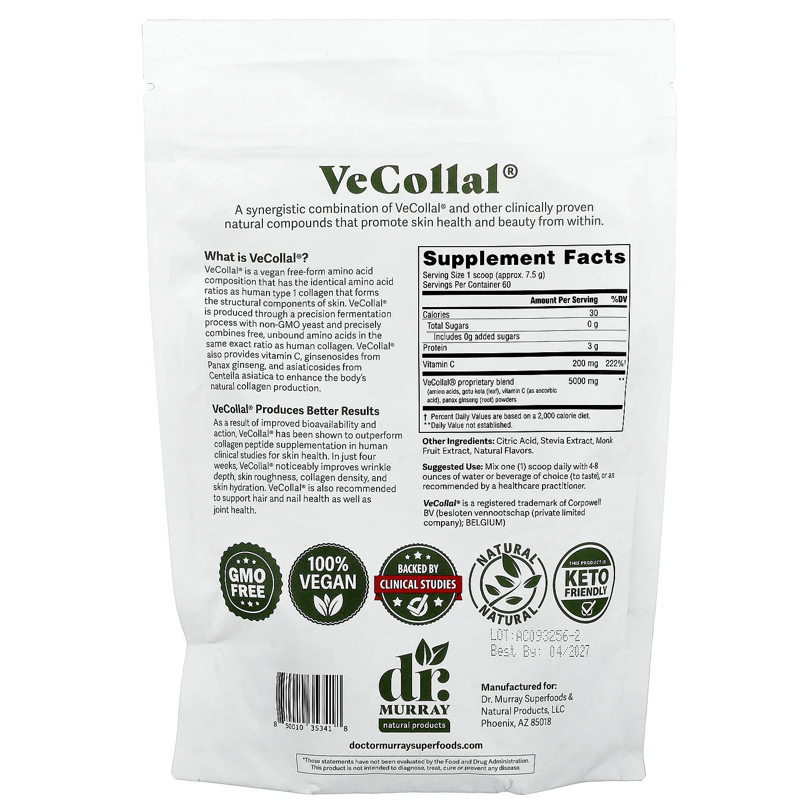 Dr. Murray's, VeCollal®, веганский коллаген типа 1, клубничный крем, 454 г (16 унций)