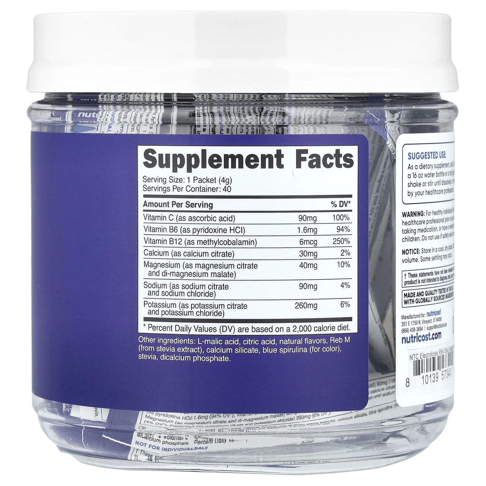 Nutricost, Электролиты, улучшенный комплекс для увлажнения, голубая малина, 40 пакетиков по 4 г (0,14 унции)