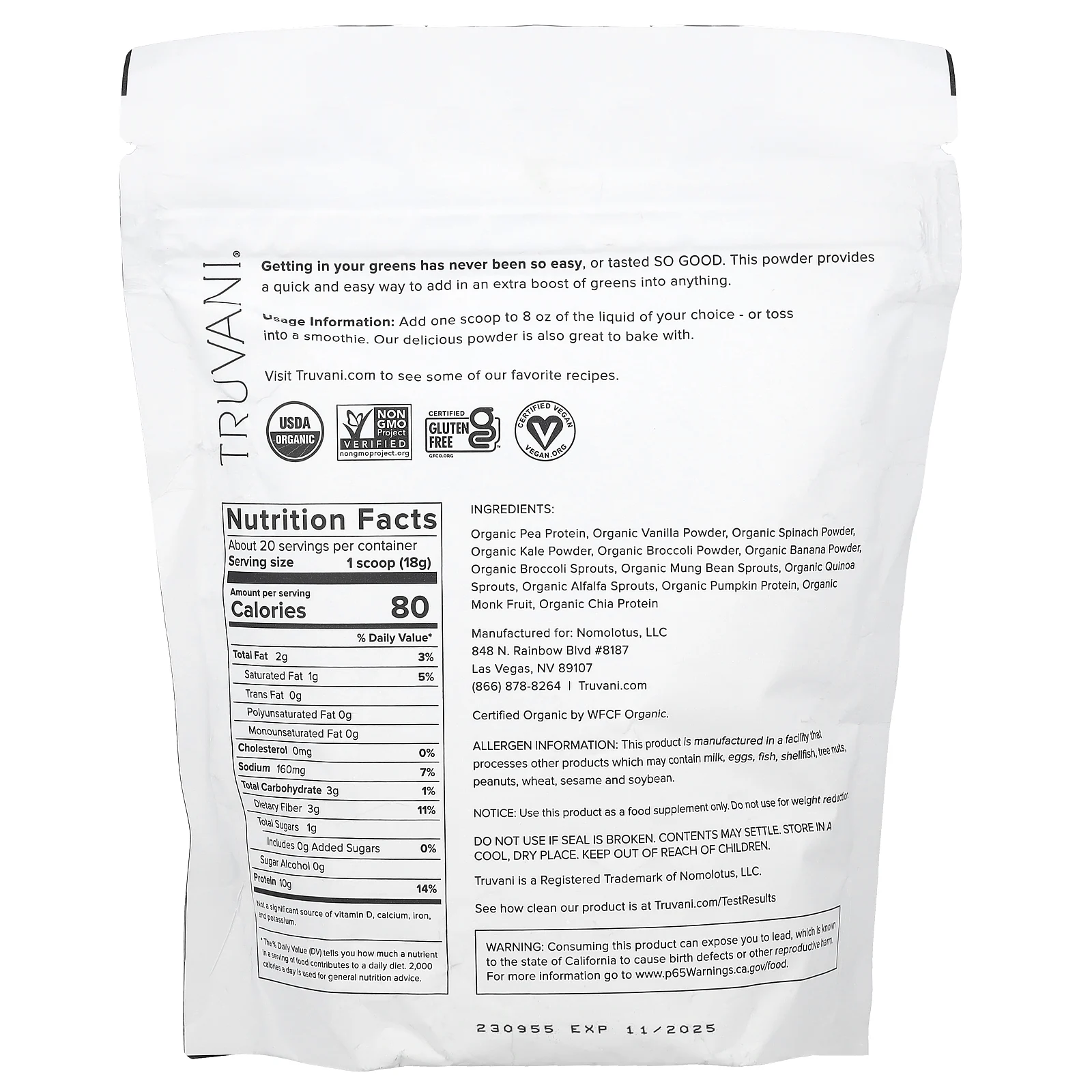 Truvani, Протеин + зелень, 357 г (12,59 унции)