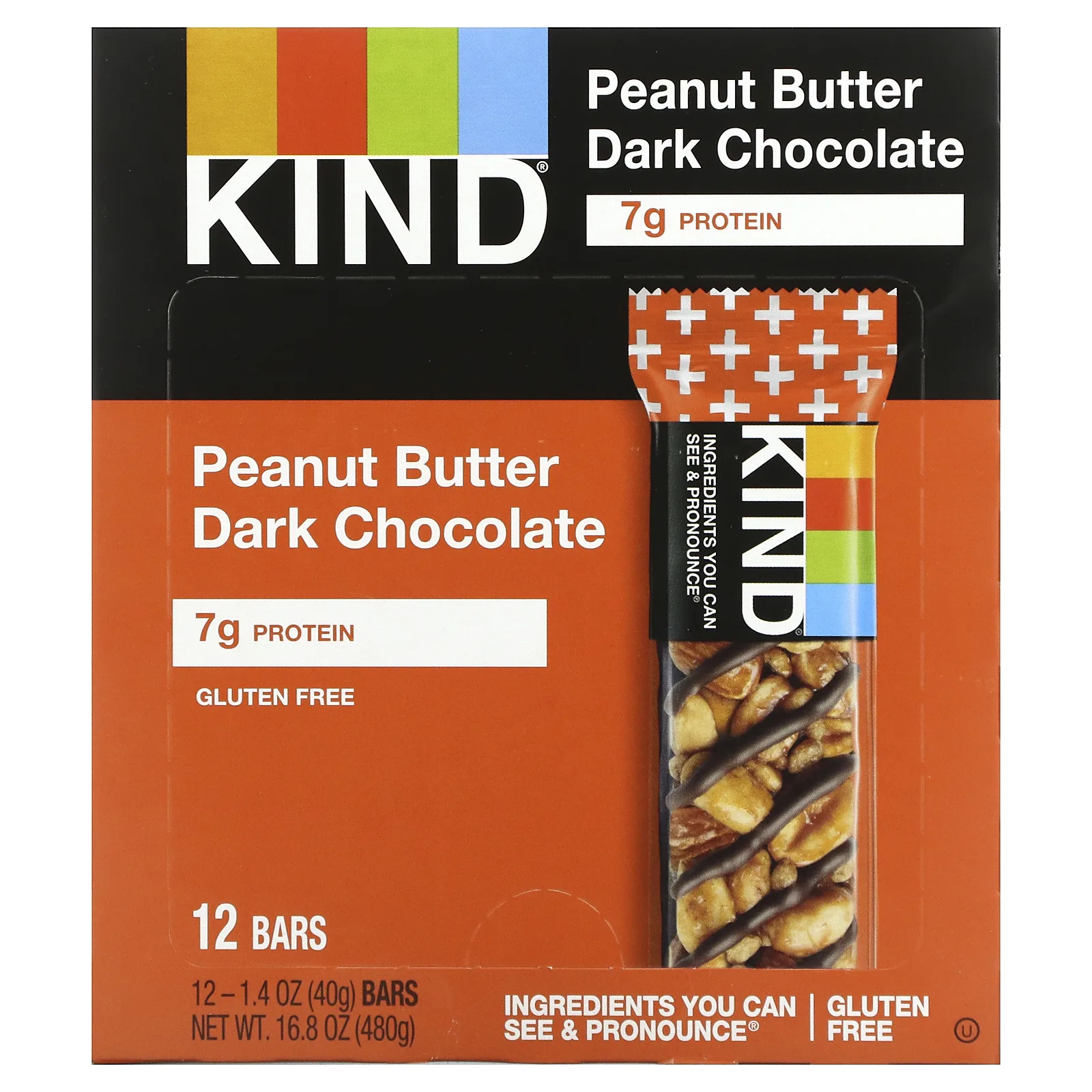 KIND Bars, Kind Plus, батончик из темного шоколада с арахисовой пастой, 12 батончиков по 40 г (1,4 унции)