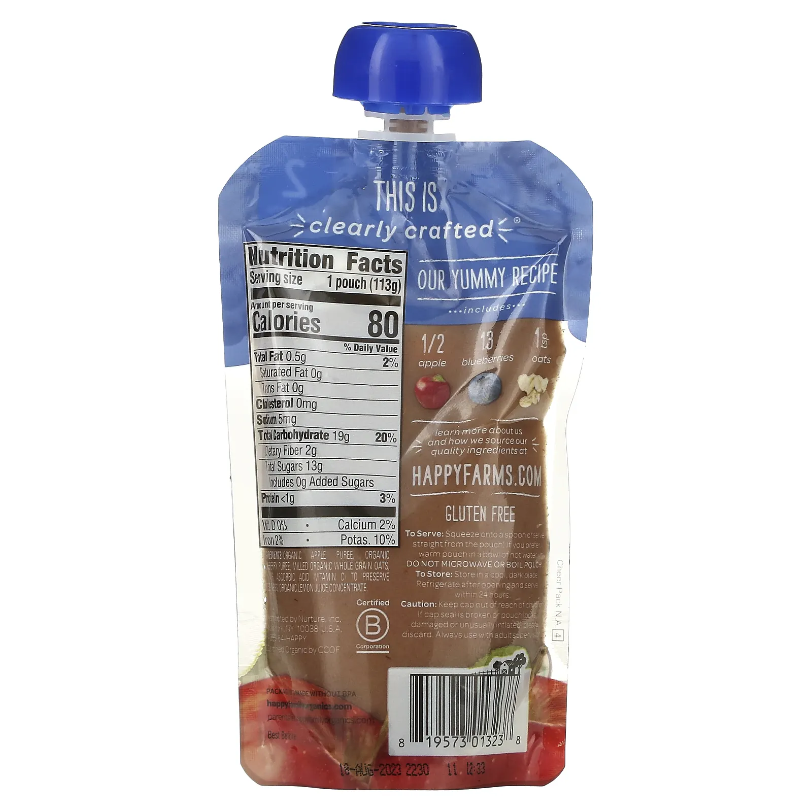 Happy Family Organics, Органическое детское питание, этап 2, для детей от 6 месяцев, яблоки, черника и овес, 113 г (4 унции)