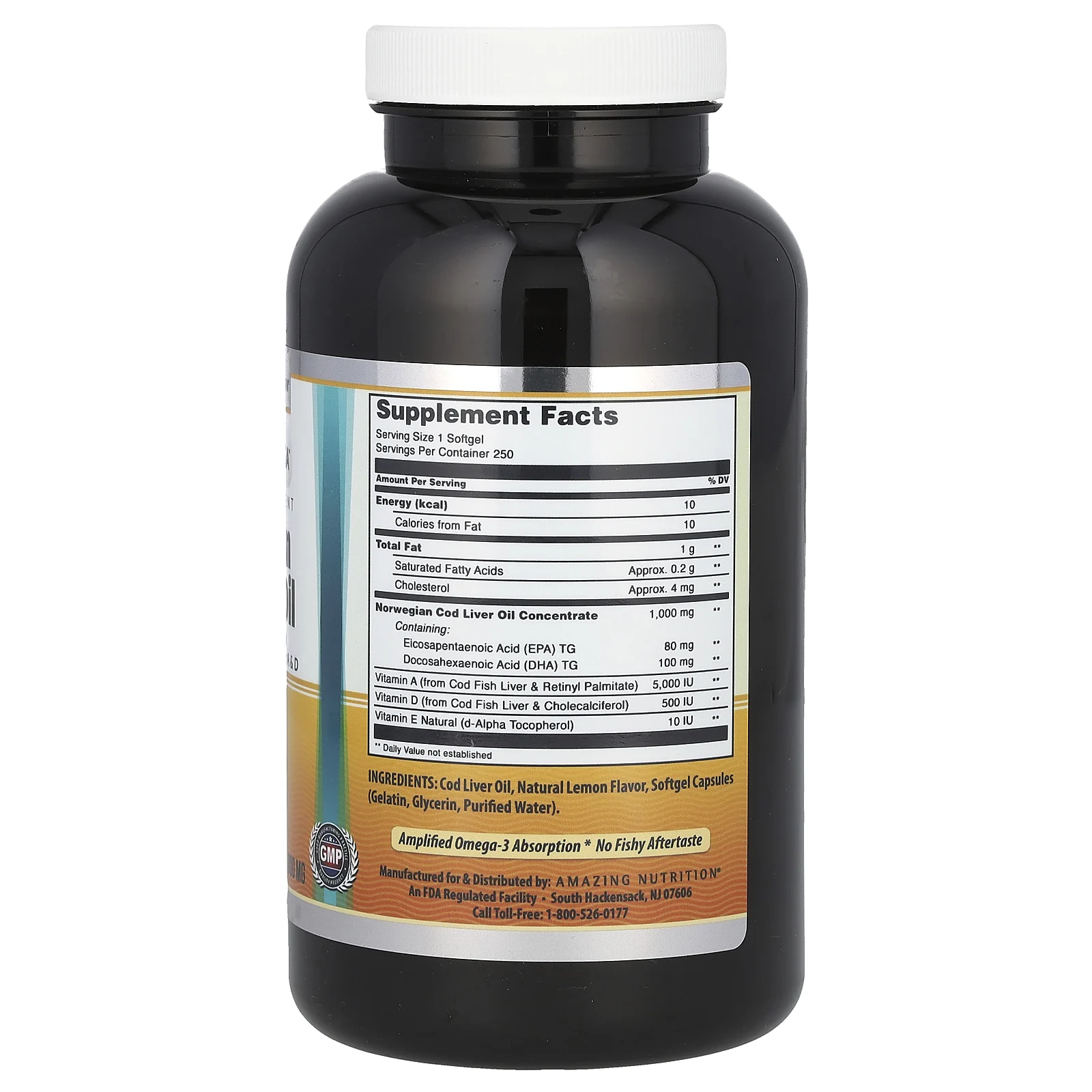 Amazing Nutrition, Amazing Omega, жир печени норвежской трески, лимон, 1000 мг, 250 мягких таблеток
