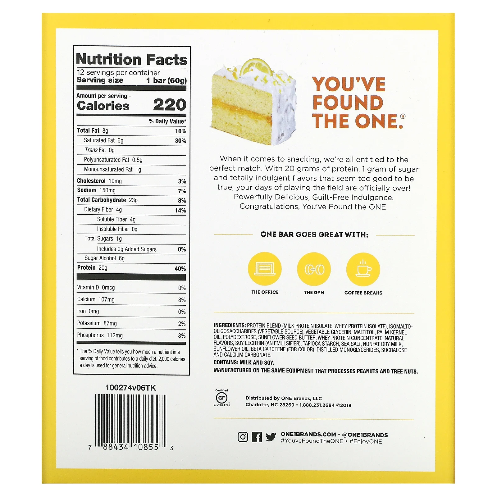 One Brands, Батончик ONE, лимоный торт, 12 шт., 60 г (2,12 унции) каждый