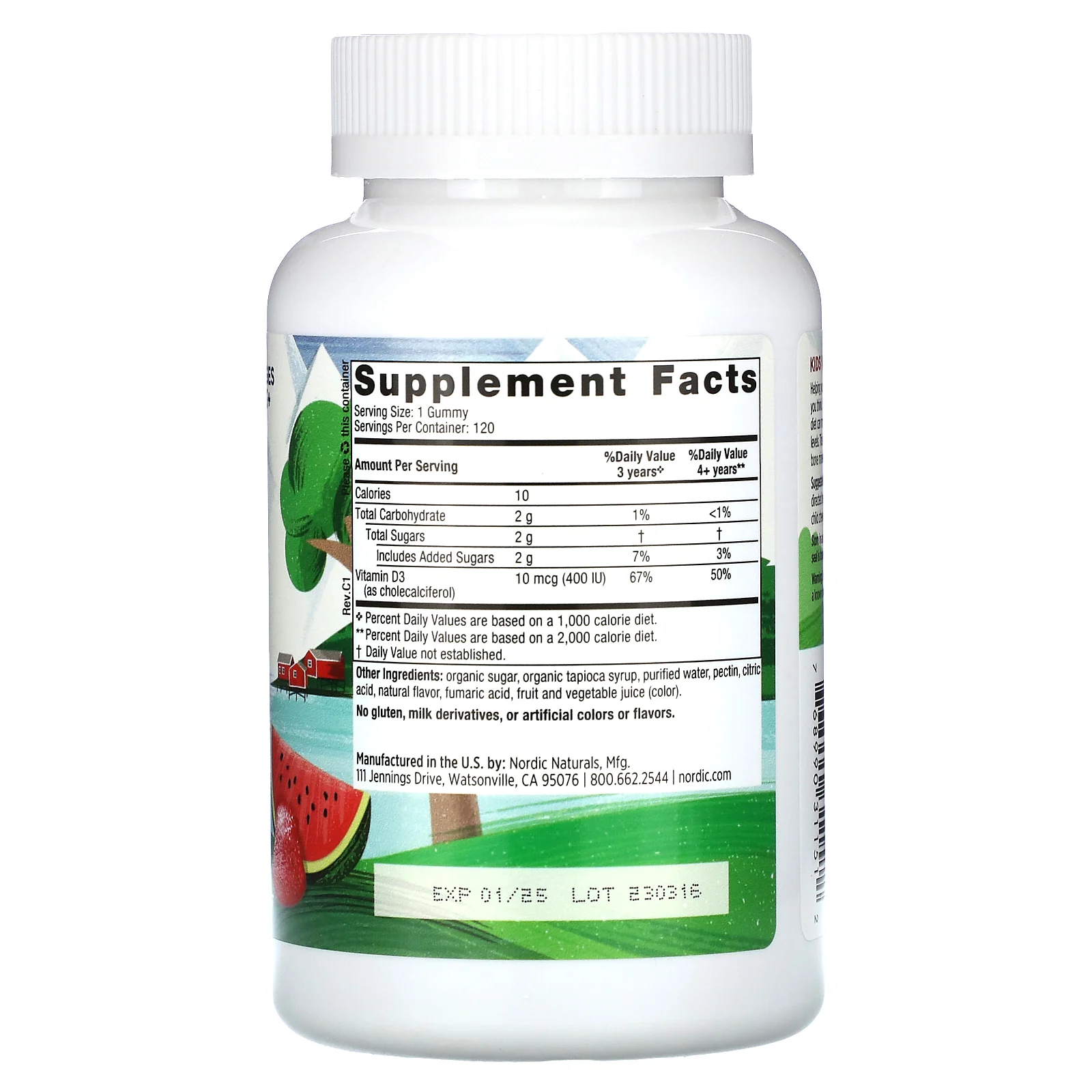 Nordic Naturals, жевательный витамин D3, для детей от 3 лет, со вкусом арбуза, 400 МЕ, 120 жевательных таблеток