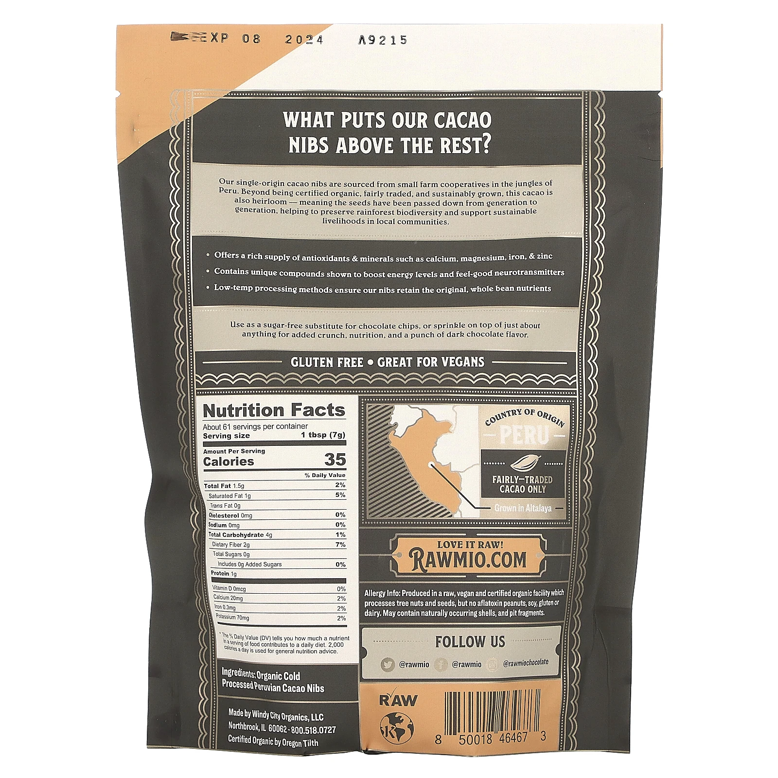 Rawmio, Органические необработанные перуанские ядра какао, несладкие, 1 фунт (16 унций)