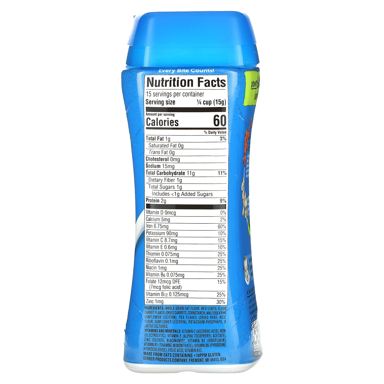 Gerber, Powerblend Cereal for Baby, овсянка с пробиотиками, чечевица, морковь и горошек, продукты для 2-го поколения, 227 г (8 унций)