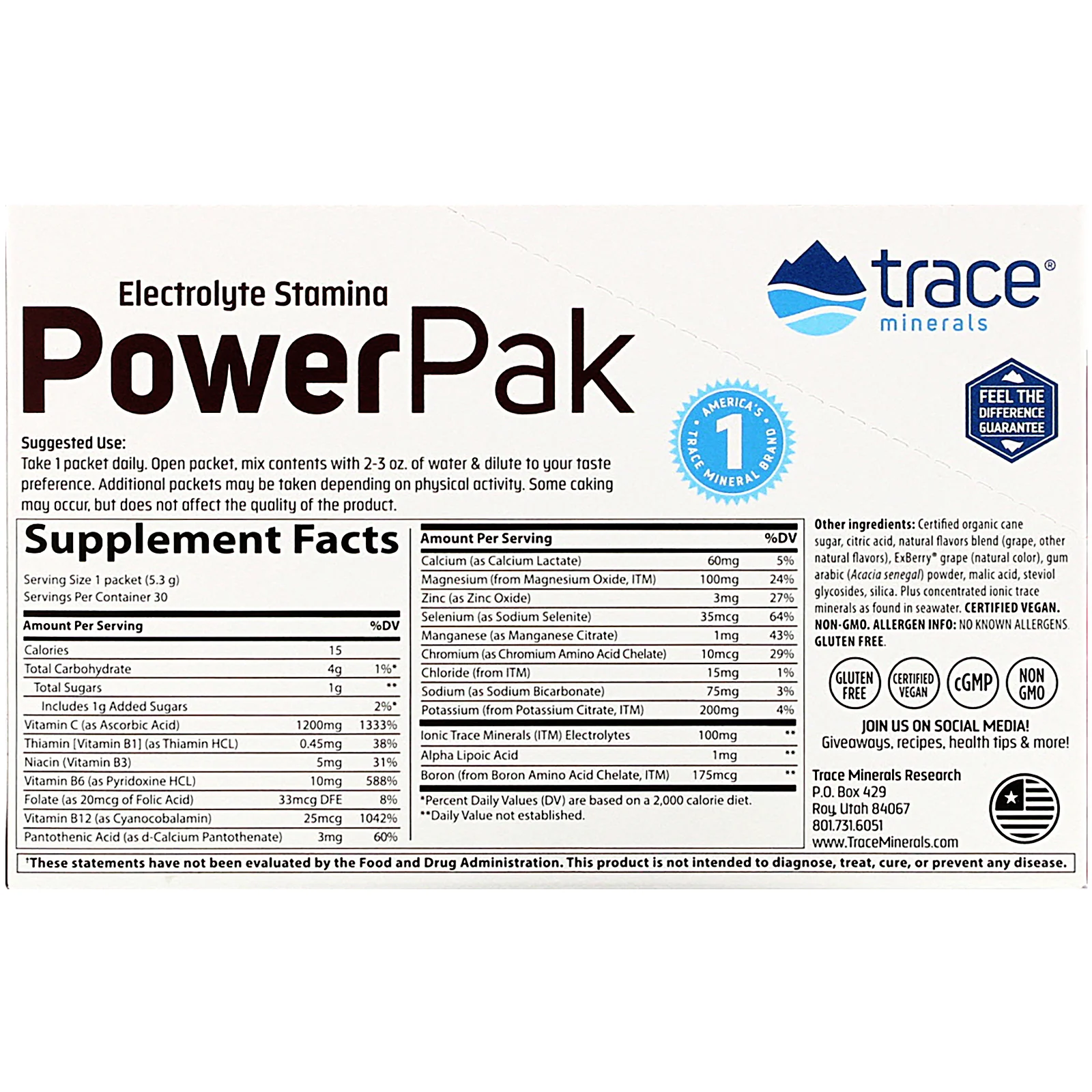 Trace Minerals ®, Electrolyte Stamina PowerPak, виноград Конкорд, 30 пакетиков. 5,3 г (0,19 унции) каждый