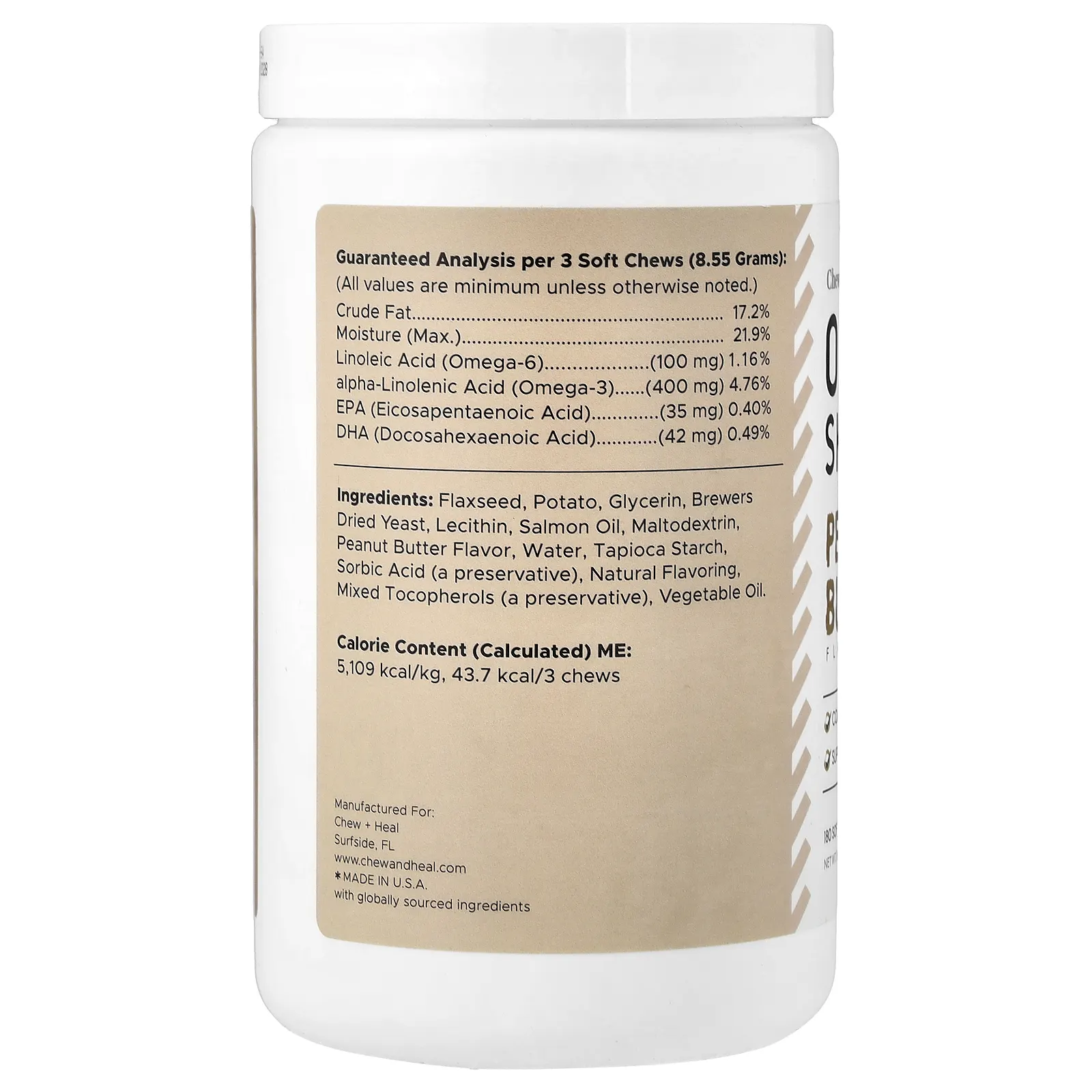 Chew + Heal, Omega Skin + шерсти, для собак и кошек, арахисовое масло, 180 жевательных таблеток, 513 г (18 унций)