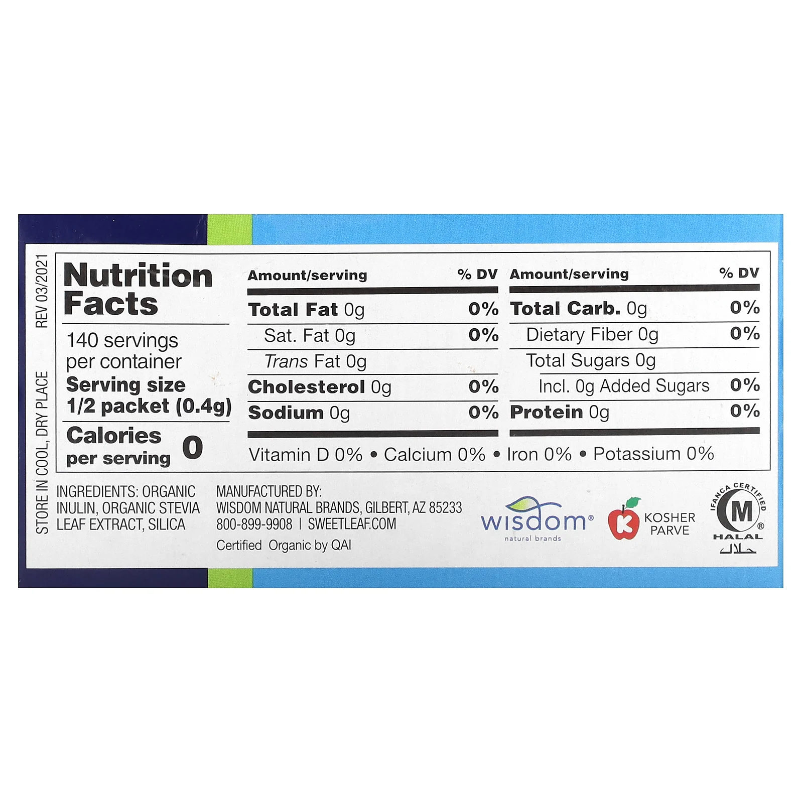 Wisdom Natural, Органический подсластитель на основе стевии, 70 пакетиков, 56,7 г (2 унции)