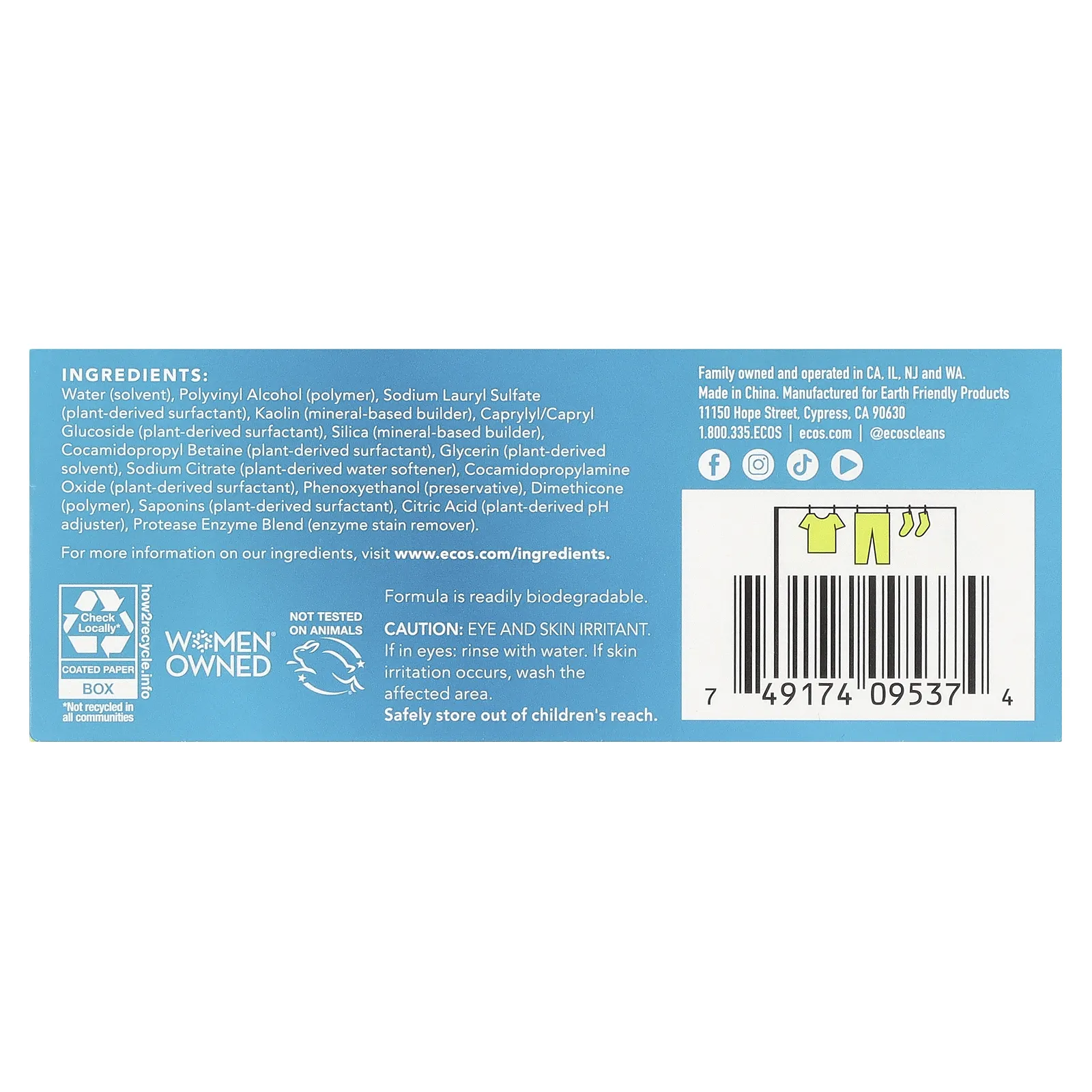 Earth Friendly Products, ECOS®, моющее средство для стирки на растительной основе, бесцветное и прозрачное, 50 шт., 175 г (6,17 унции)