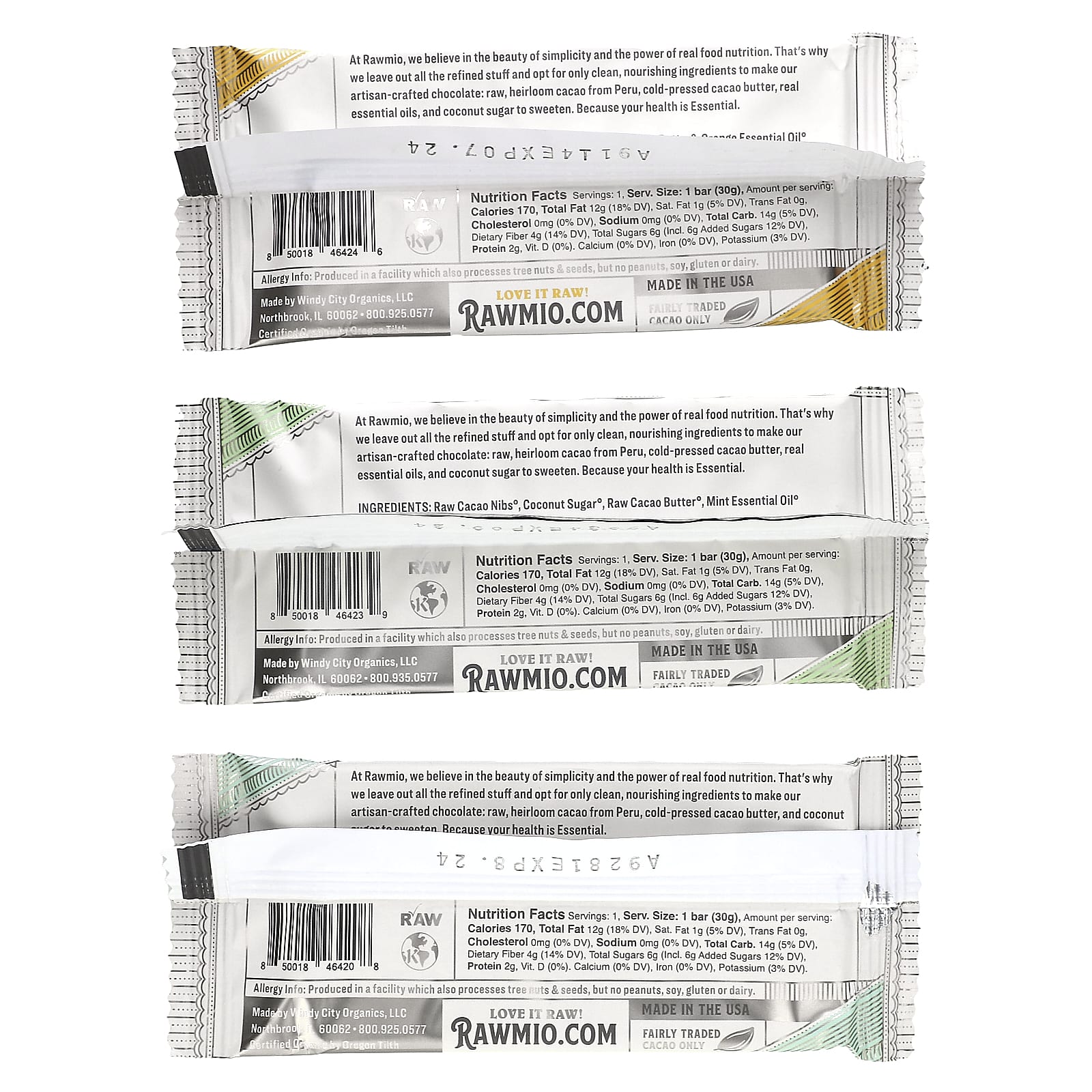 Rawmio, Essential Bar, органический необработанный шоколад, 70% какао, апельсин, перечная мята, оригинальный вкус, 3 батончика по 30 г (1,1 унции)