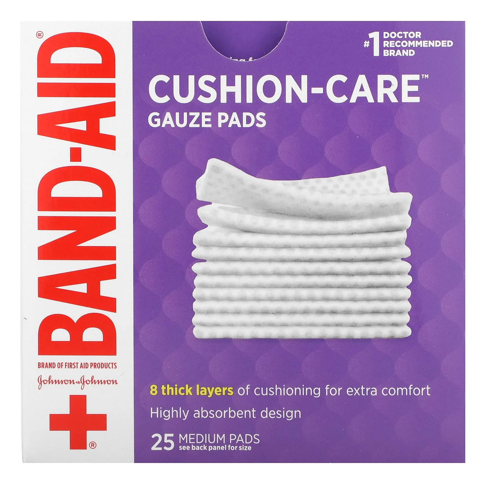 Band Aid, Cushion-Care, марлевые салфетки, средний размер, 25 шт.