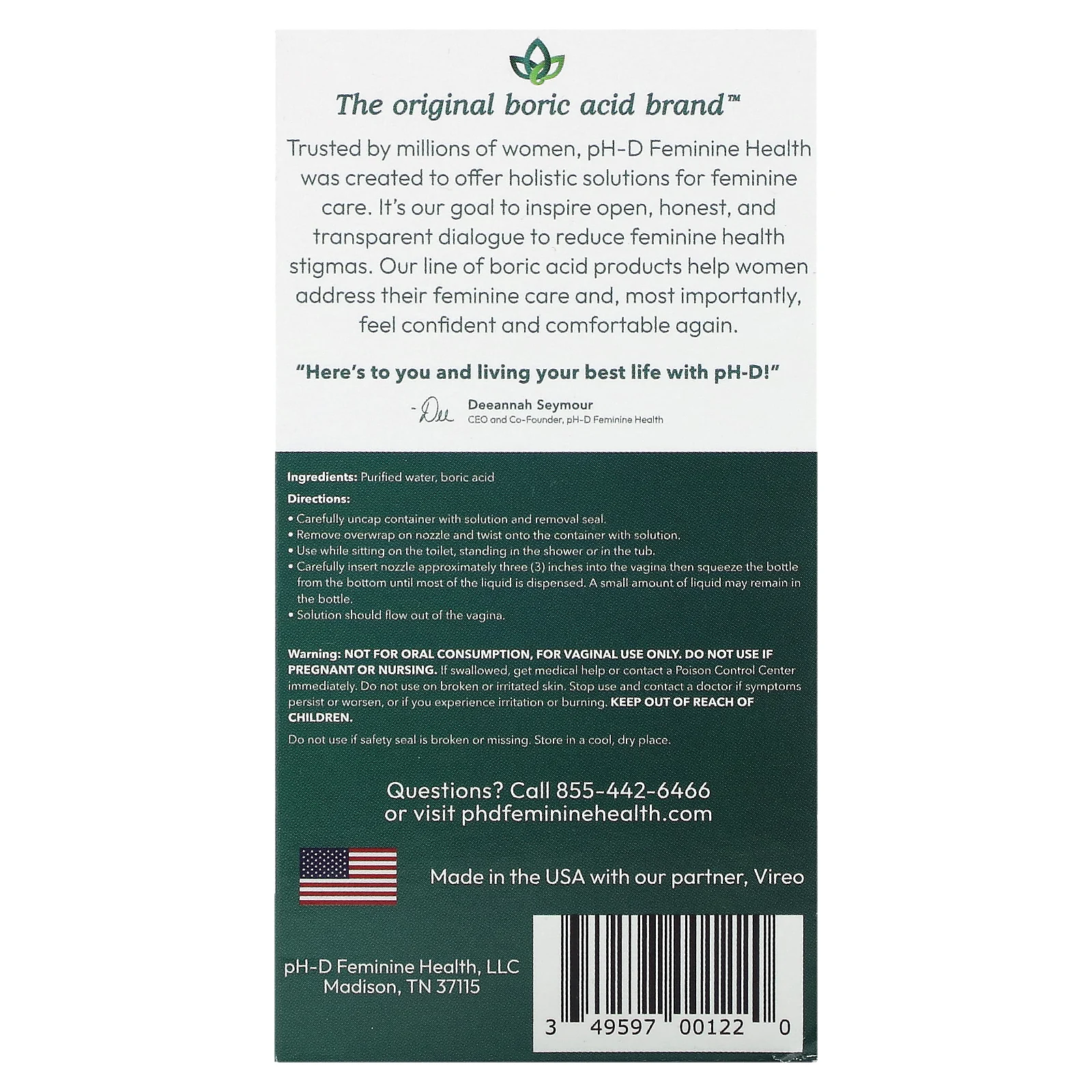 pH-D Feminine Health, борная кислота, мгновенное ополаскиватель для влагалища для устранения запаха, 2 флакона и 2 насадки, 177,44 мл (6 жидк. унций)