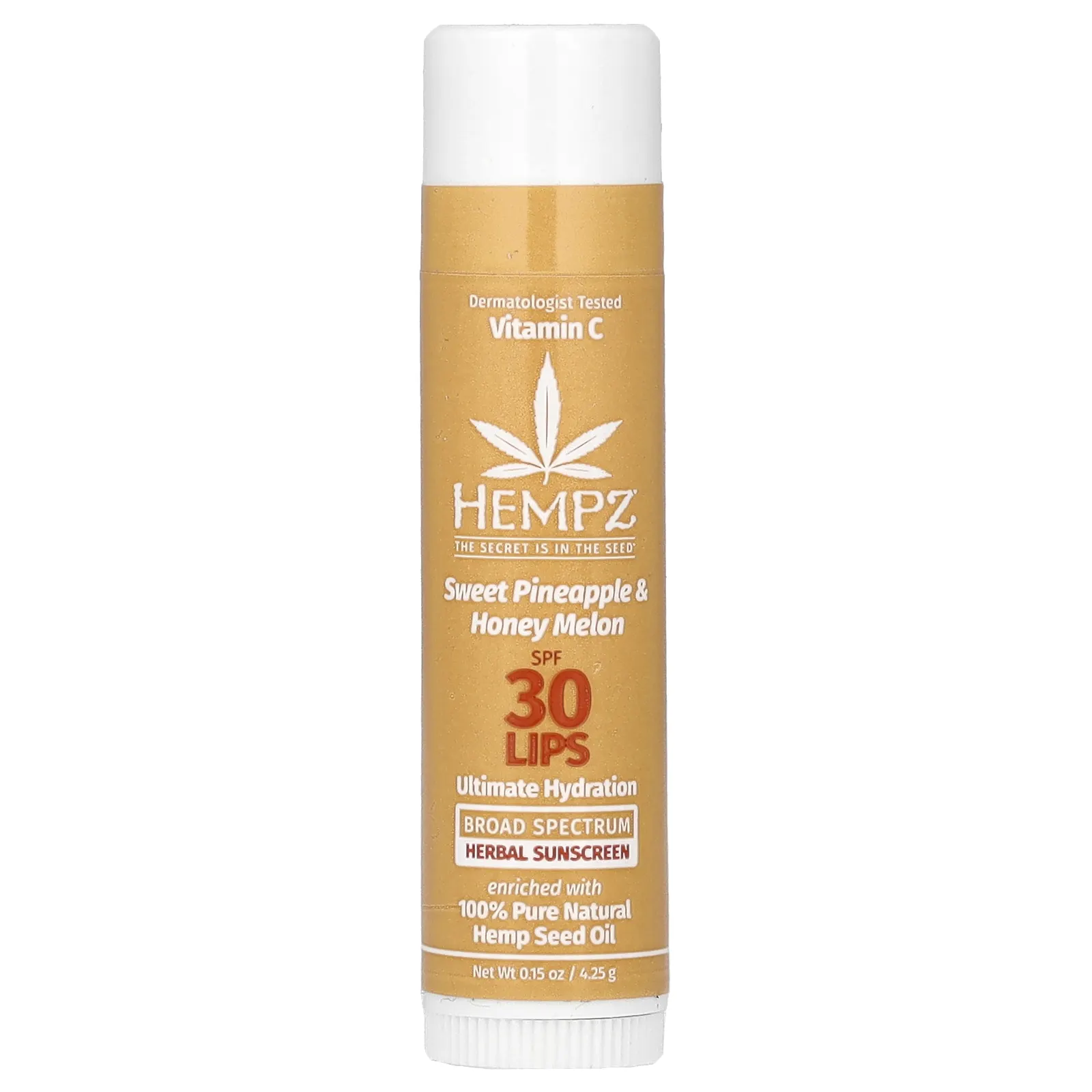 Hempz, Травяное солнцезащитное средство для губ, SPF 30, сладкий ананас и медовая дыня, 4,25 г (0,15 унции)