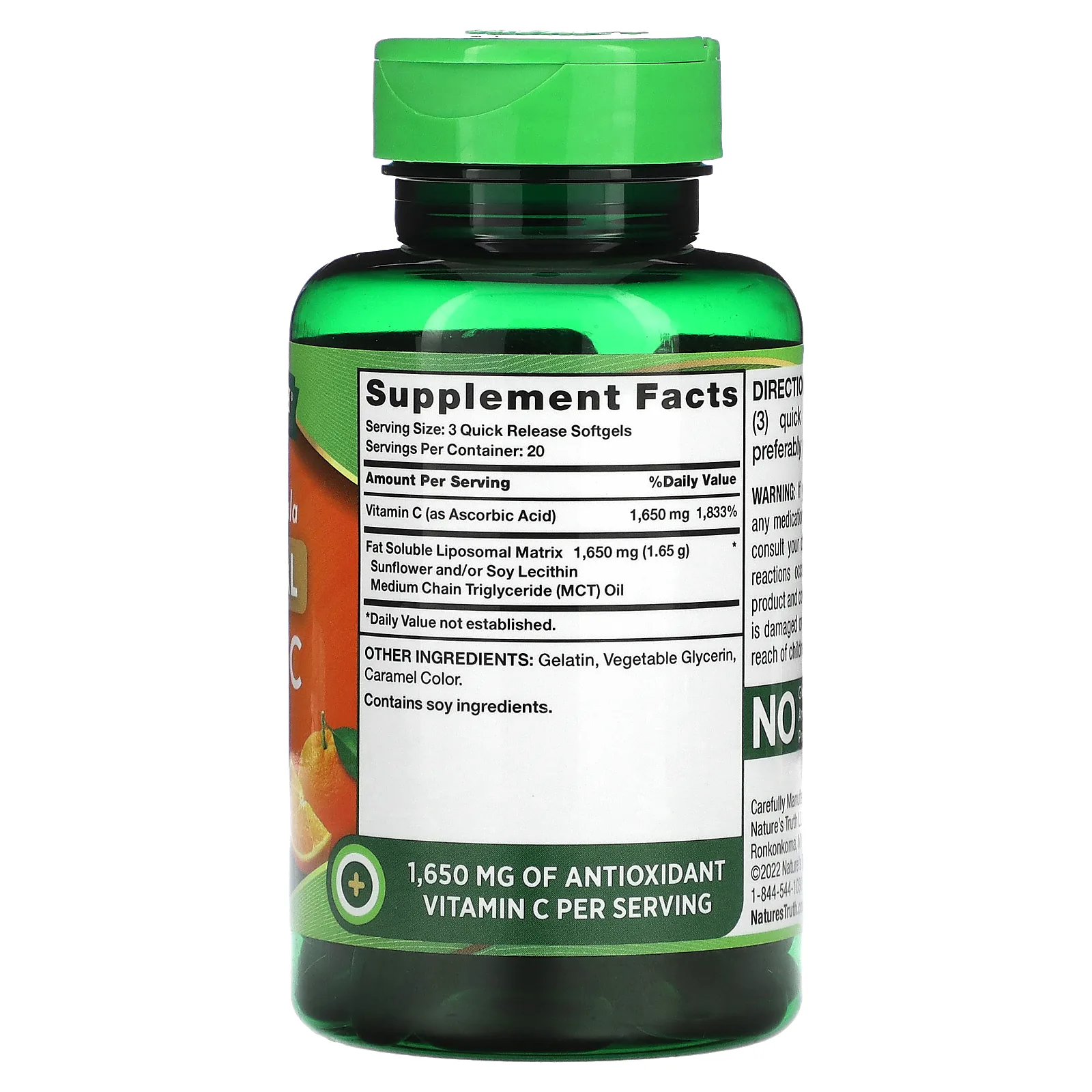 Nature's Truth, липосомальный витамин C, улучшенная формула, 1650 мг, 60 капсул с быстрым высвобождением (550 мг в 1 капсуле)