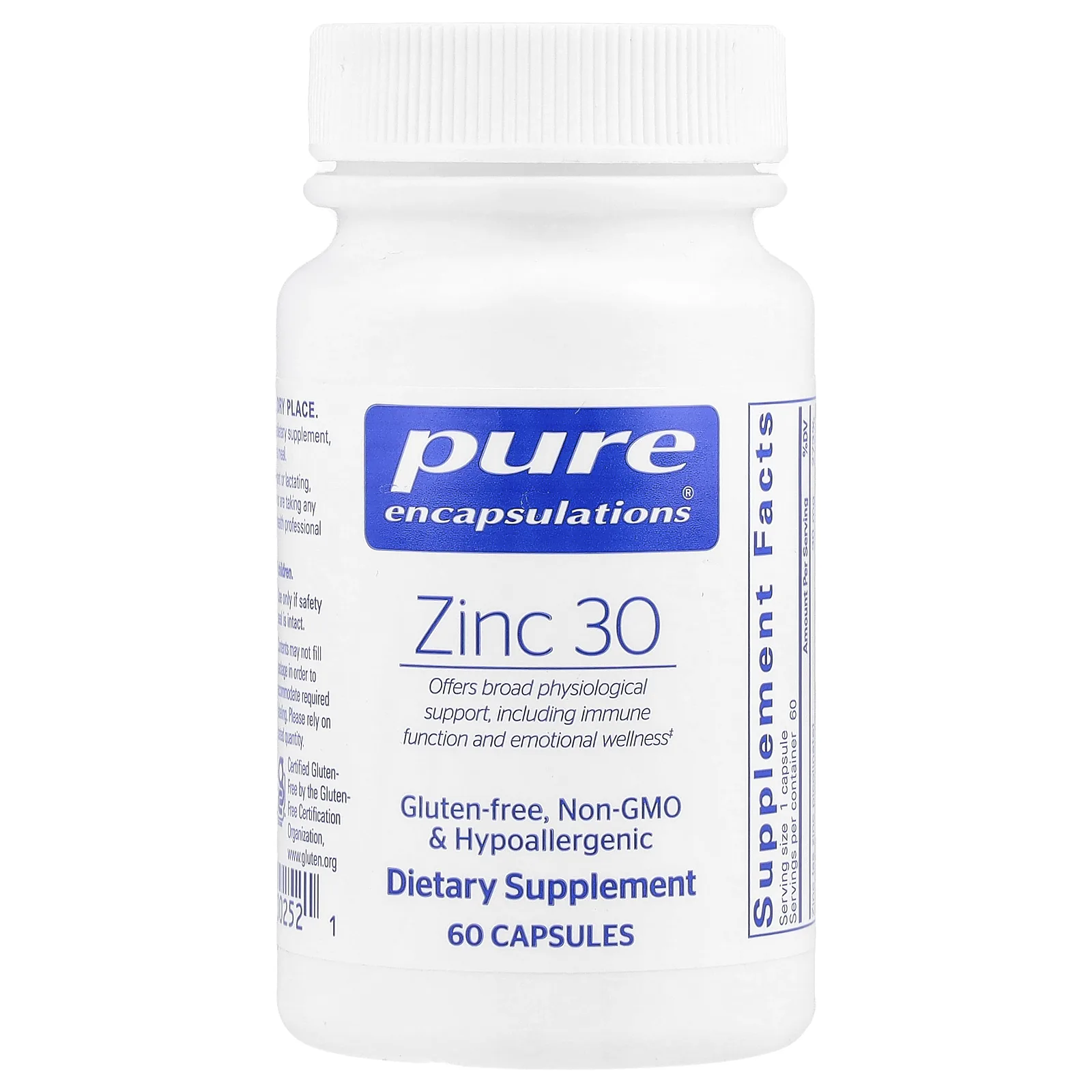 Pure Encapsulations, Цинк 30, 30 мг, 60 капсул