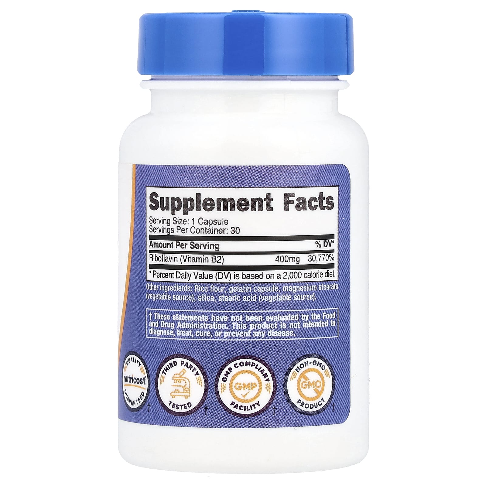 Nutricost, Витамин B2, 400 мг, 30 капсул