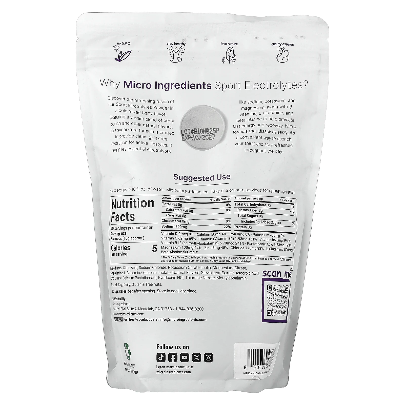 Micro Ingredients, электролиты в порошке, со вкусом ягодного пунша, 907 г (2 фунта)