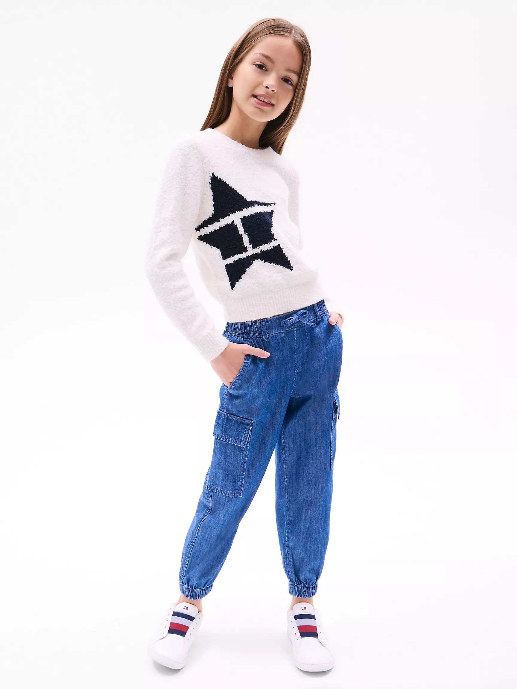 Свитер для девочки Tommy Hilfiger, Детский свитер с круглым вырезом и звездным графическим логотипом