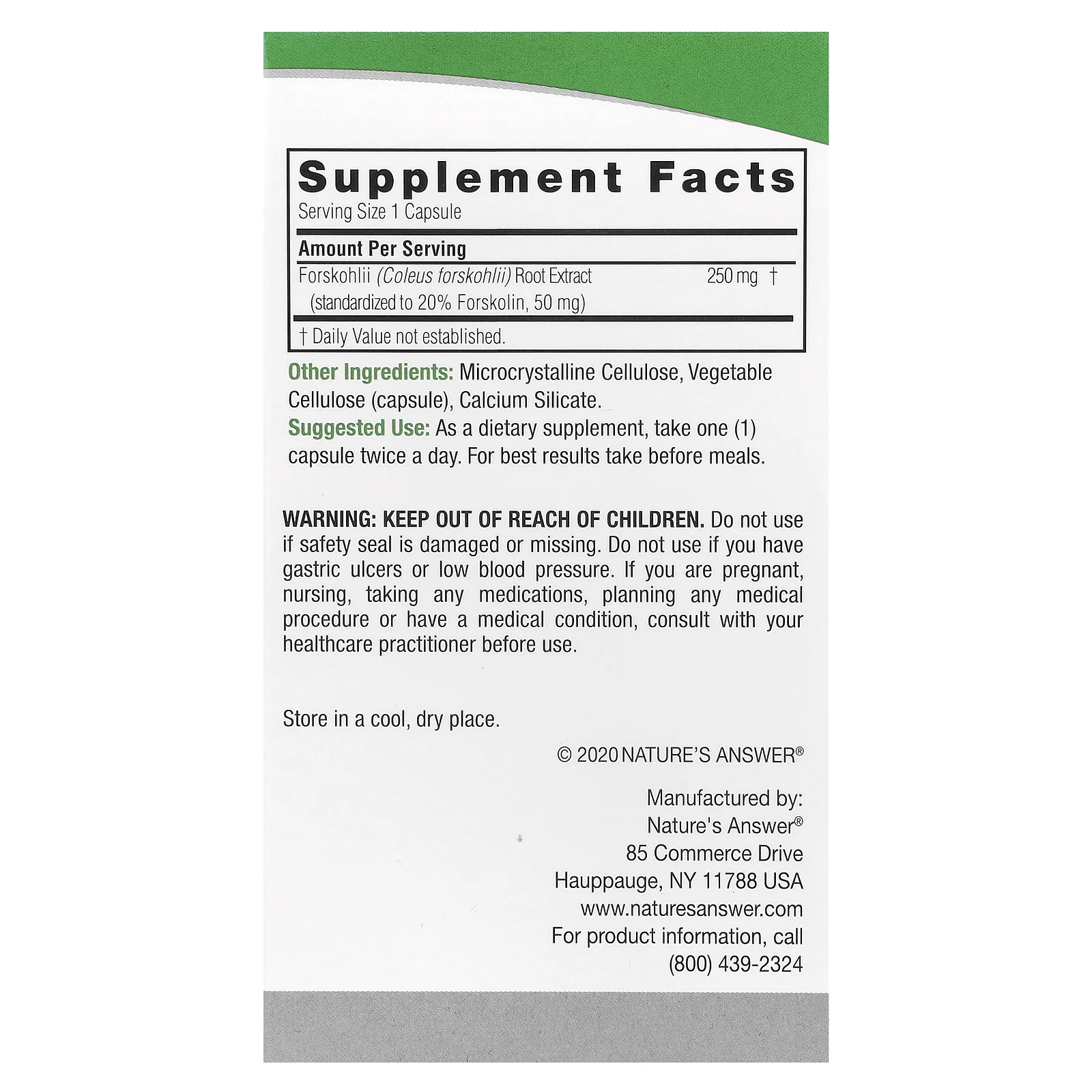 Nature's Answer, Колеус форсколии, 250 мг, 60 вегетарианских капсул