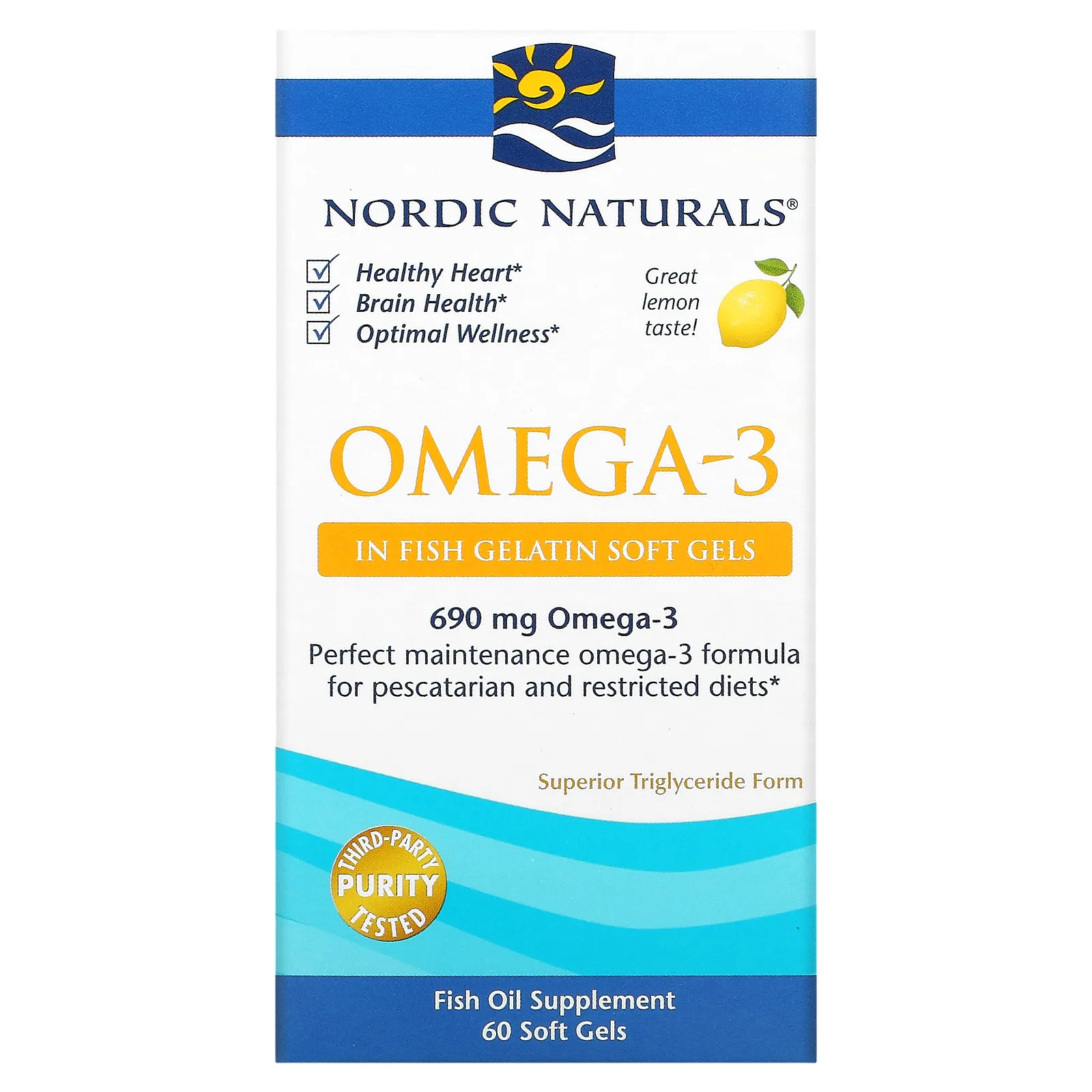 Nordic Naturals, омега-3, со вкусом лимона, 690 мг, 60 капсул из рыбьего желатина (345 мг в 1 капсуле)