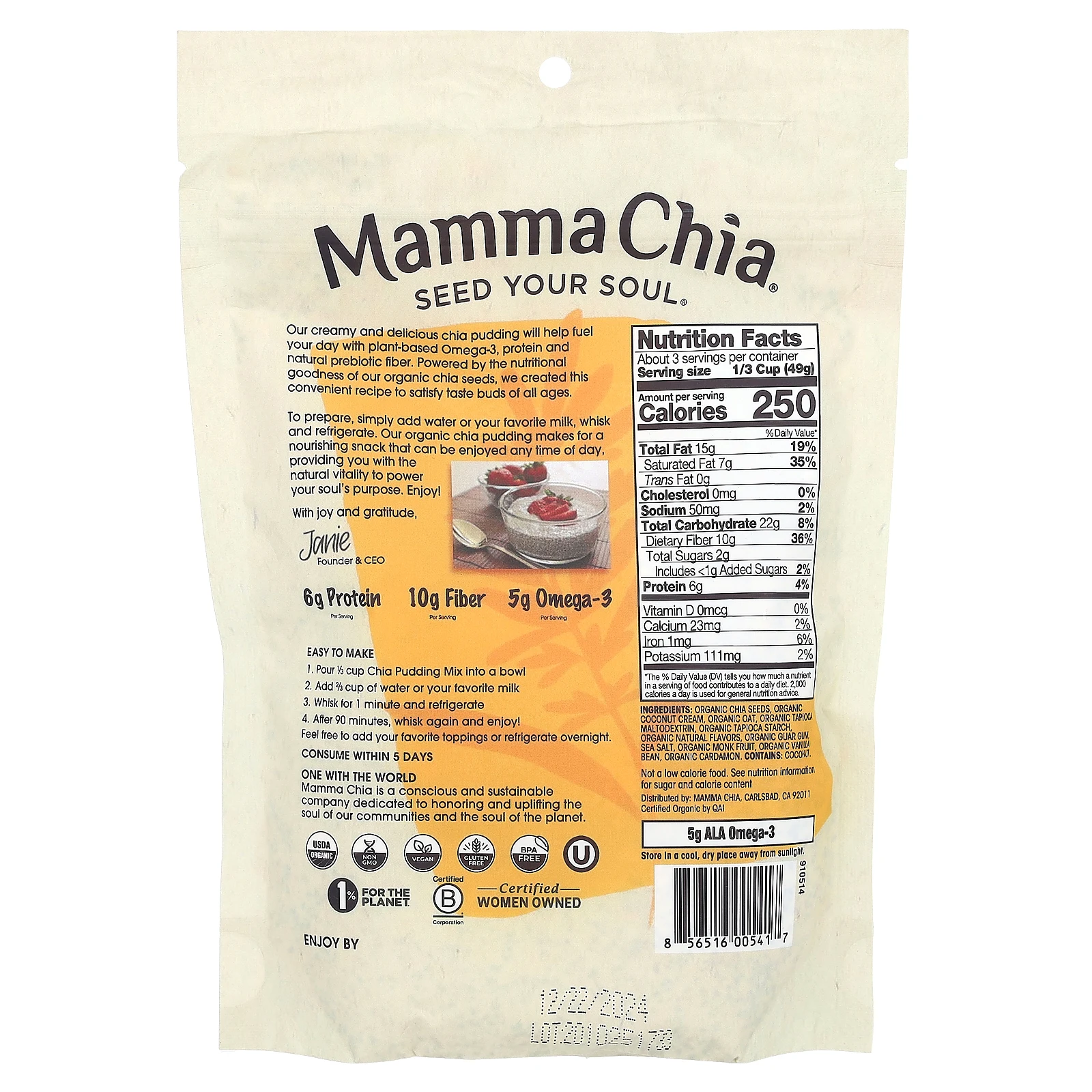 Mamma Chia, Смесь для пудинга с чиа, ваниль, 150 г (5,3 унции)