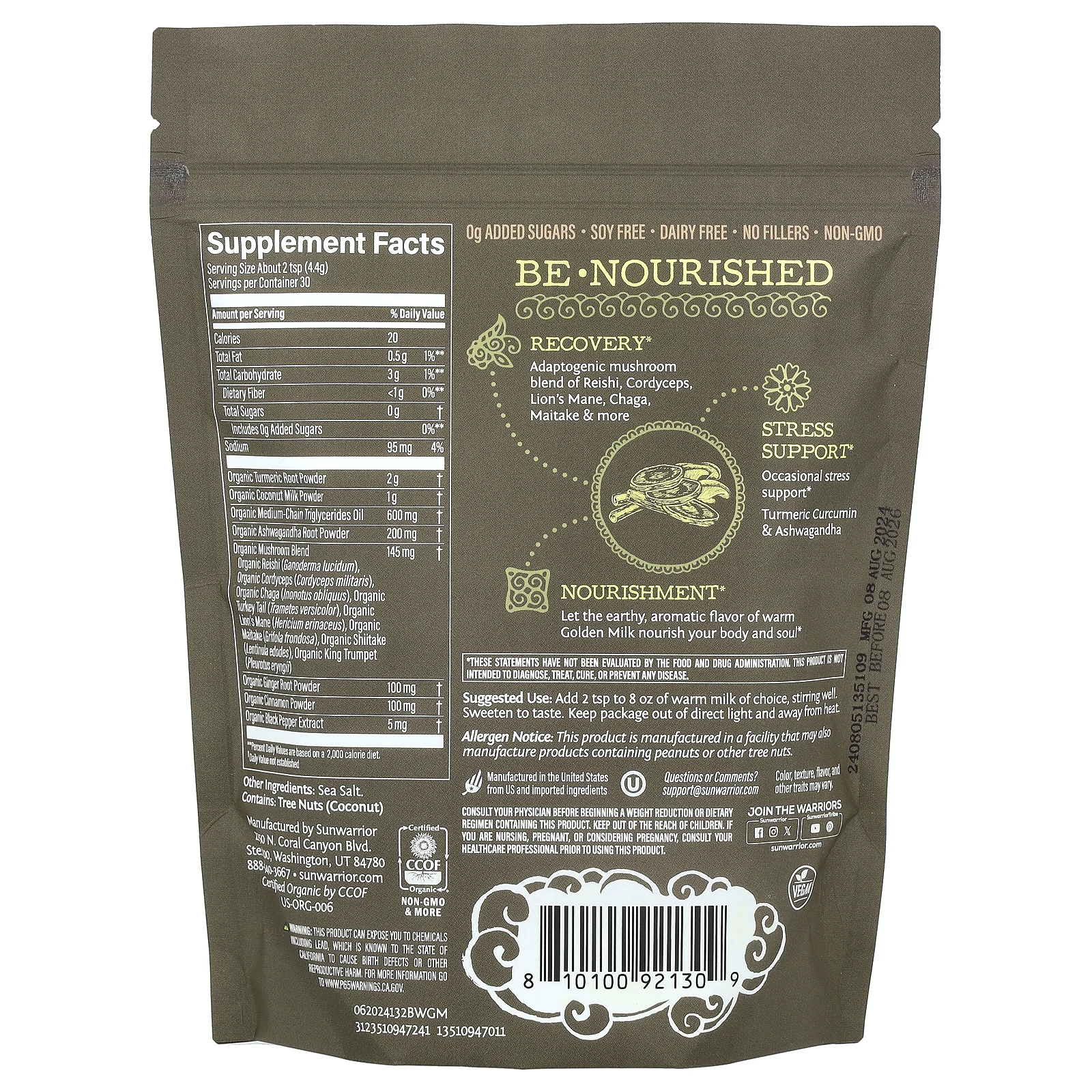 Sunwarrior, Органическое золотое молоко, 132 г (4,65 унции)