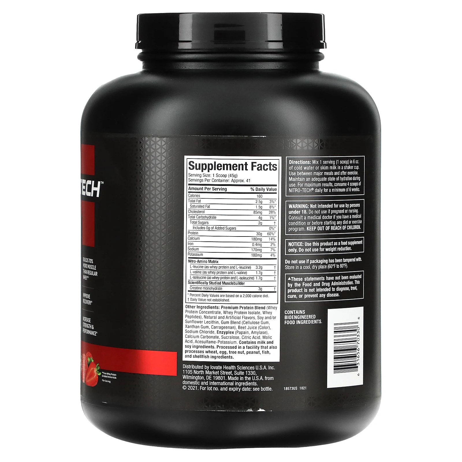 MuscleTech, серия Performance, Nitro Tech, основной источник сывороточных пептидов и изолятов, клубничный вкус, 1,81 кг (4 фунта)