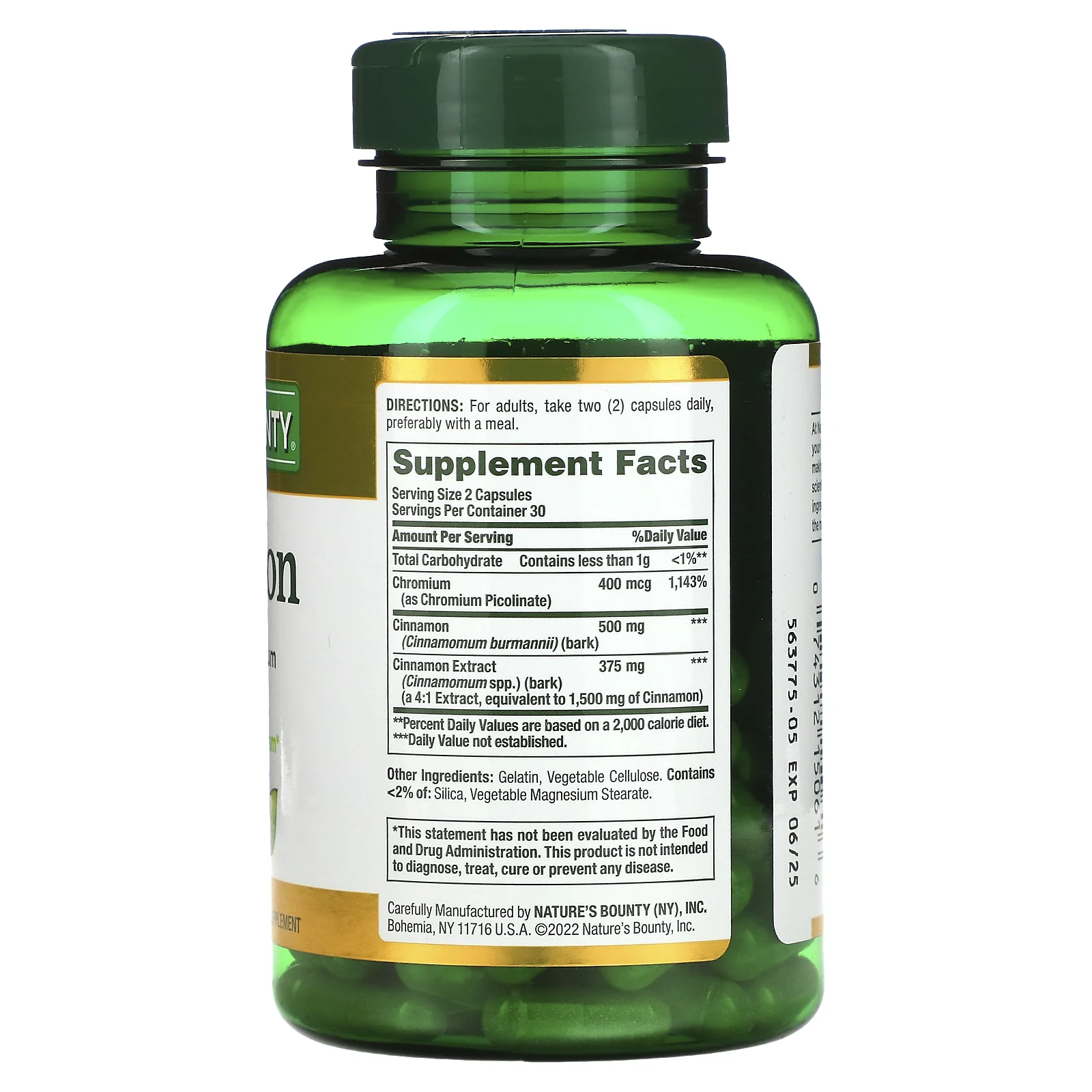 Nature's Bounty, корица с хромом, 2000 мг, 60 капсул (1000 мг в 1 капсуле)