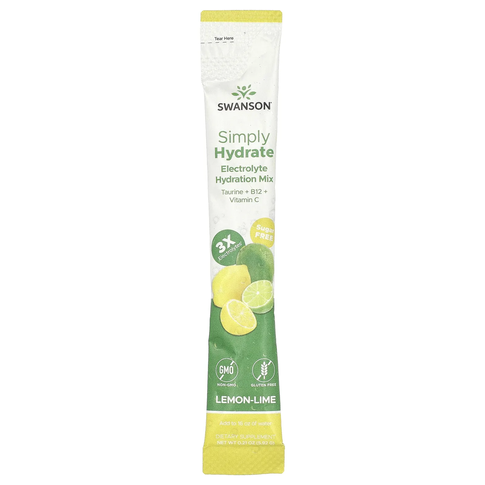 Swanson, Simply Hydrate, смесь для гидратации электролитов, лимон и лайм, 8 пакетиков в виде стиков по 5,92 г (0,21 унции)