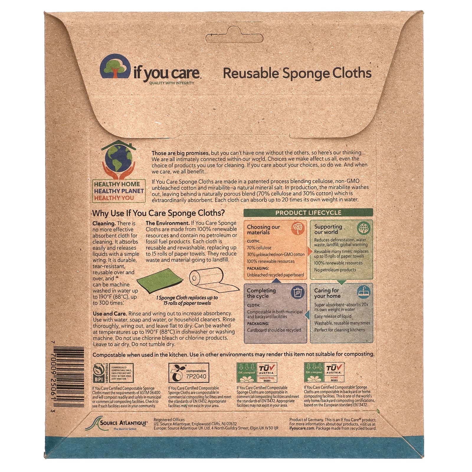 If You Care, многоразовые губчатые салфетки, 5 шт., 20 см x 17 см (8 x 6,75 дюйма) каждая