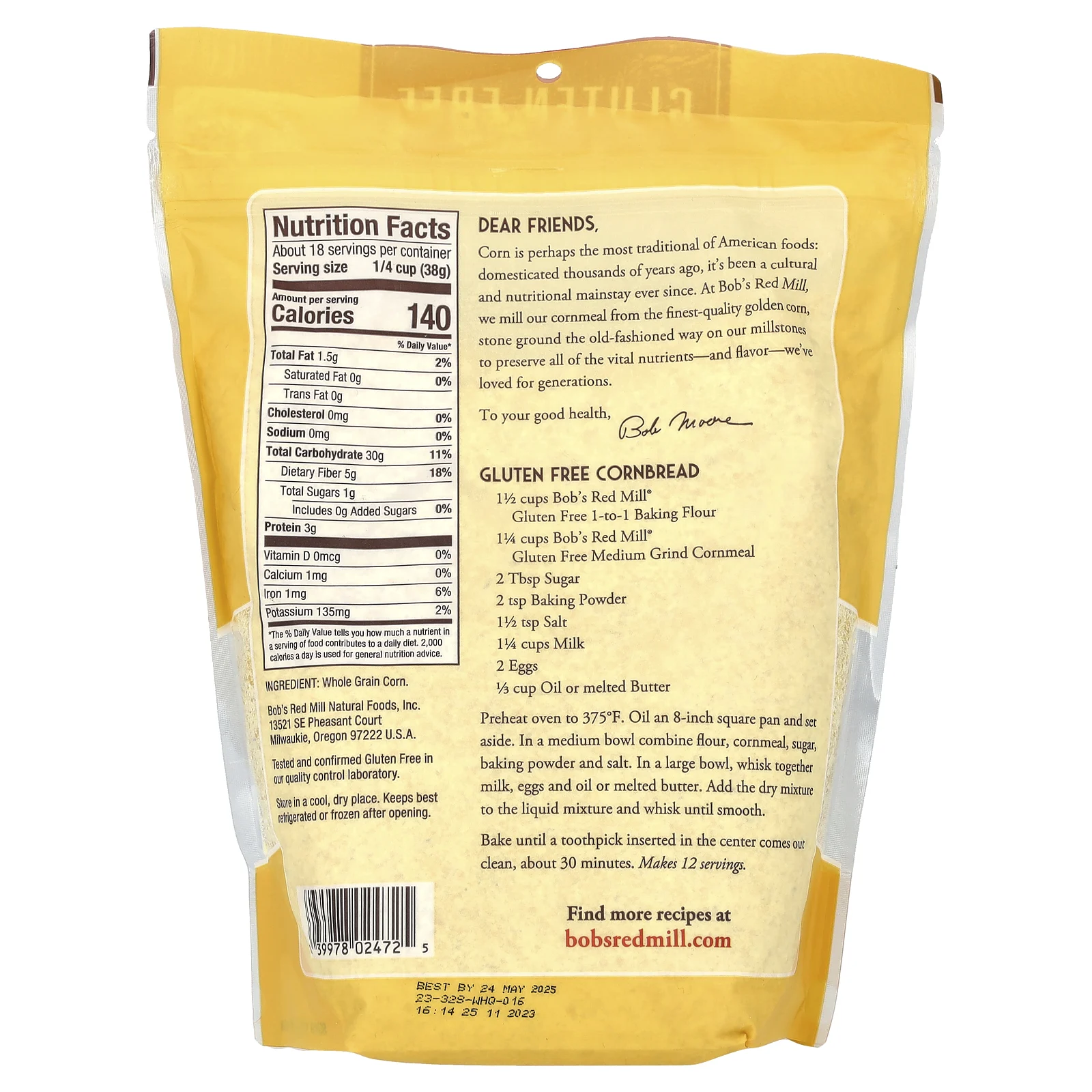 Bob's Red Mill, кукурузная мука, средний помол, цельнозерновая, без глютена, 680 г (24 унции)