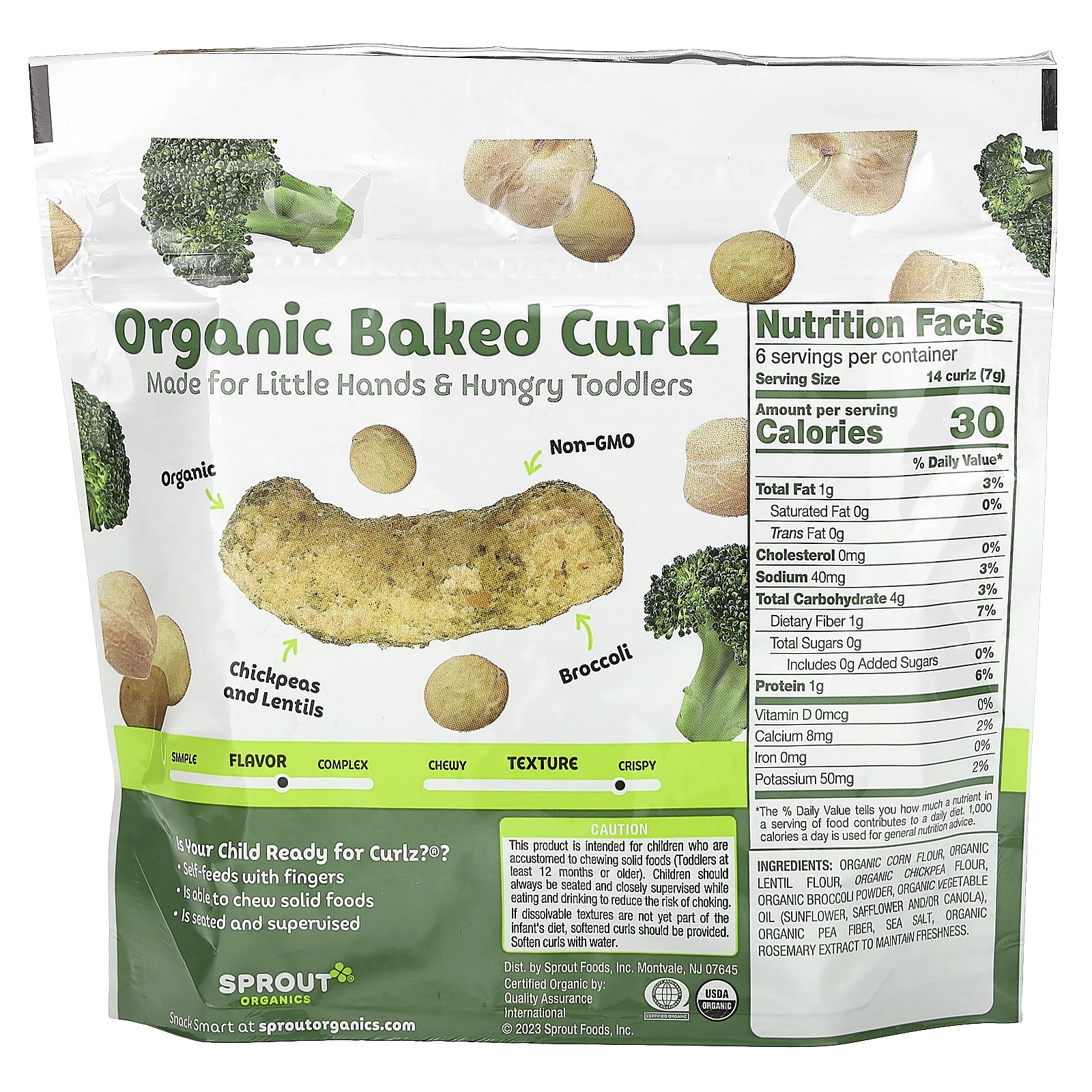 Sprout Organics, Curlz, органический запеченный снек, для детей от 12 месяцев, брокколи, 42 г (1,48 унции)