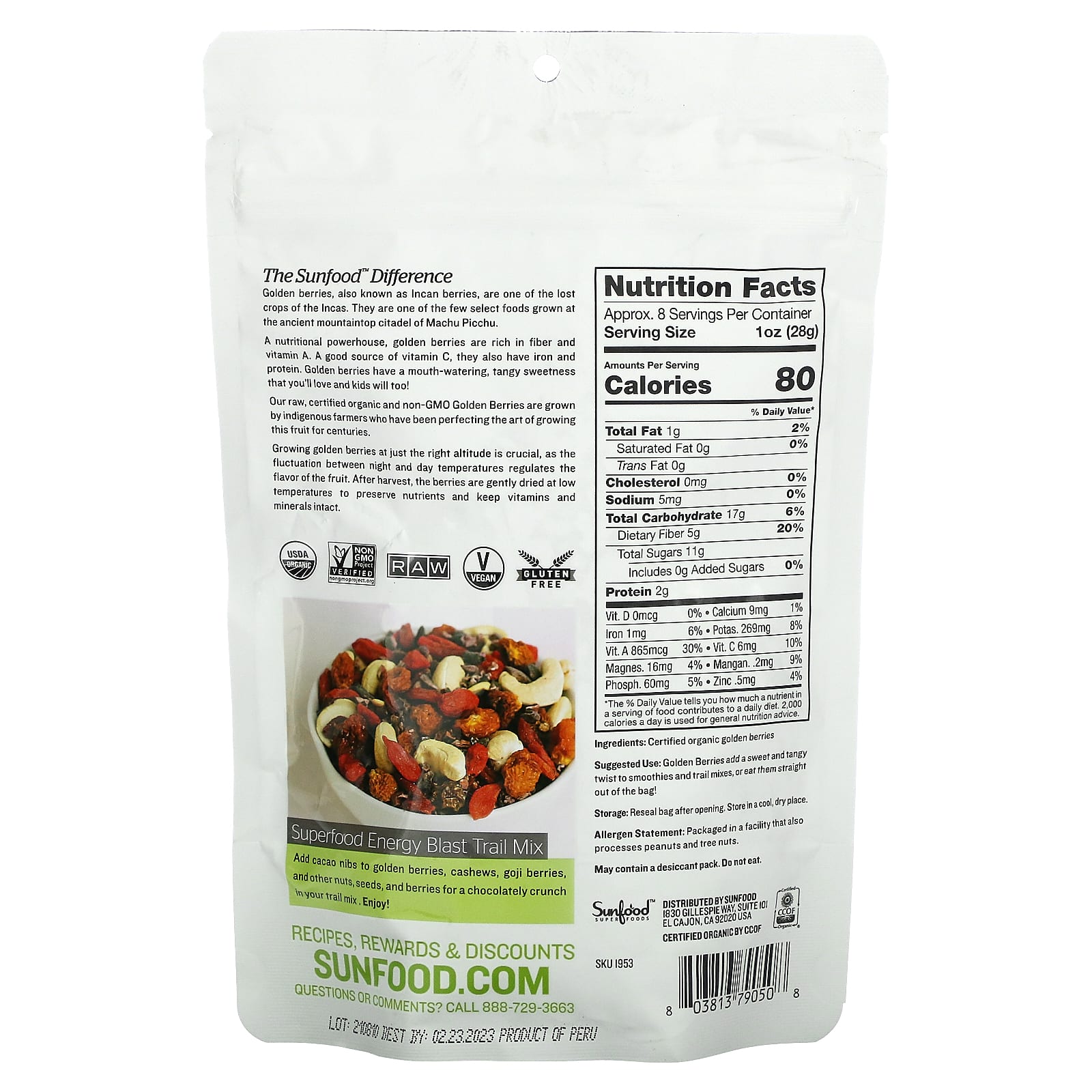 Sunfood, Необработанные органические золотые ягоды, 227 г (8 унций)